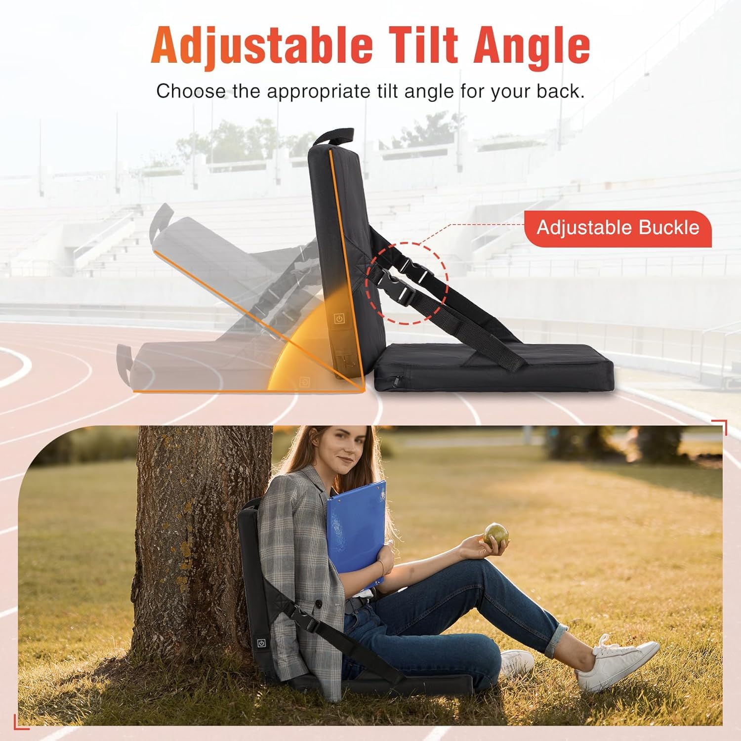 Cojín de asiento térmico con soporte trasero, asiento de estadio con calefacción USB para gradas, almohadilla plegable de calefacción de 3 niveles para caza, camping y oficina (sin banco de