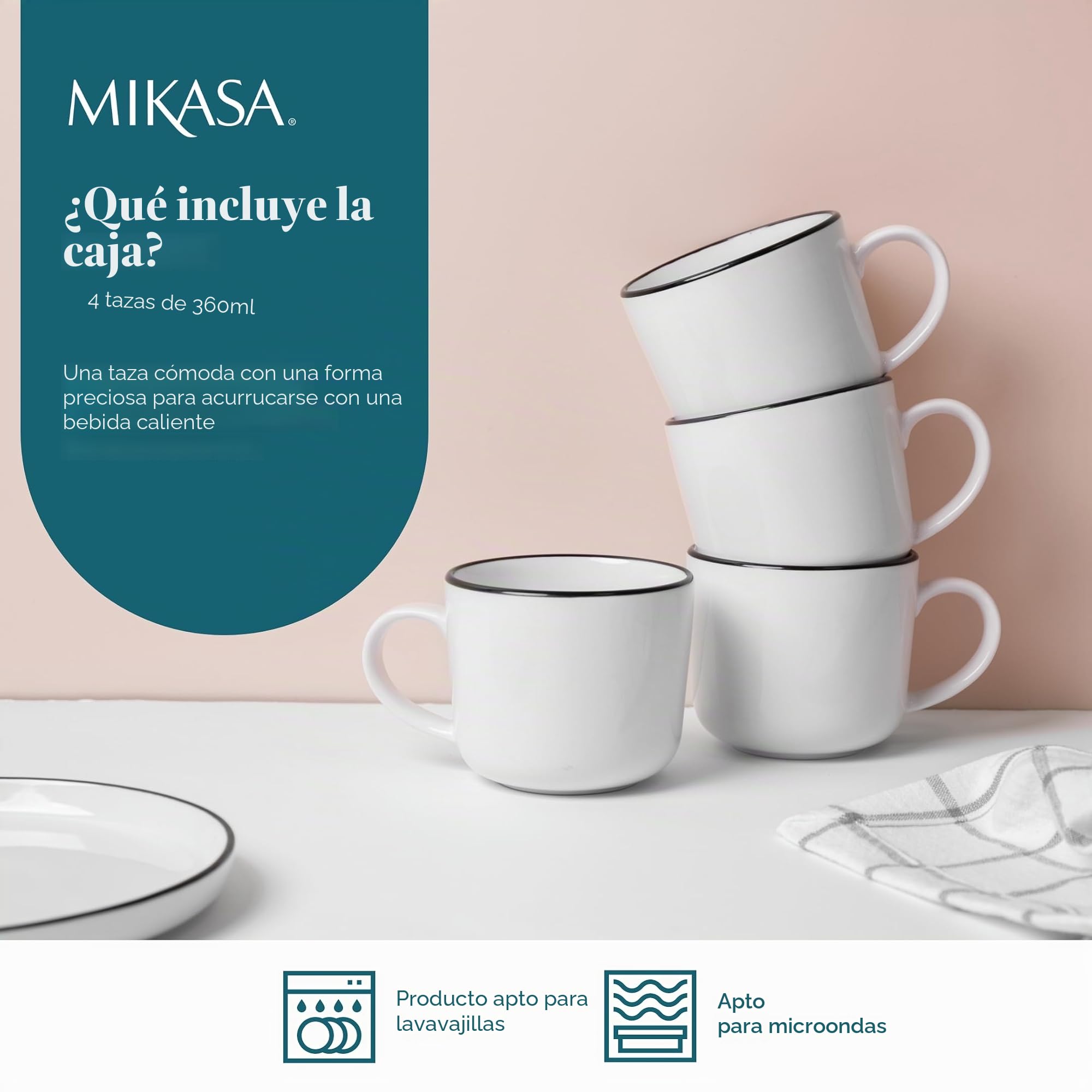 Mikasa Limestone Juego de Tazas de Porcelana, 4x Tazas de Porcelana con Borde Negro para Té y Café, 360ml| En Caja de Regalo y Aptas para Lavavajillas