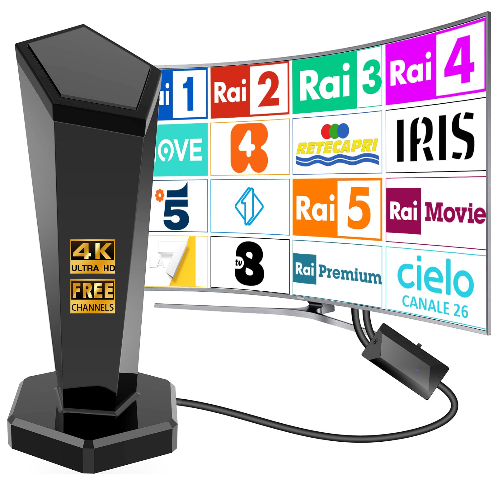 Antenna TV Interna, Antenna TV Esterno, Ricezione 360° fino a 500 km con Base Magnetica,Supporto HD/4K/1080,adatta per la ricezione di canali locali