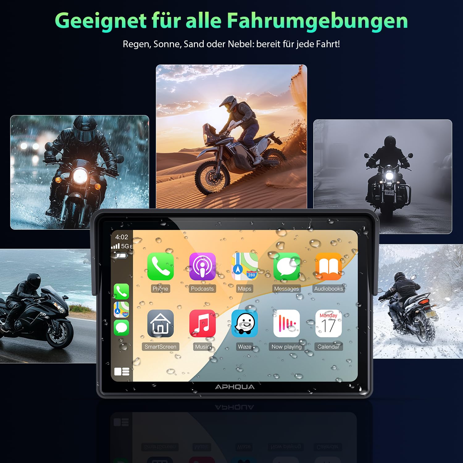 A522 Motorrad CarPlay Display 5 Zoll, Kabelloses Apple CarPlay & Android Auto,IP67 Wasserdichtes Motorrad Navi,Dual Bluetooth,GPS Navigation,Sprachsteuerung,Touchscreen,USB/Acc Stromversorgung