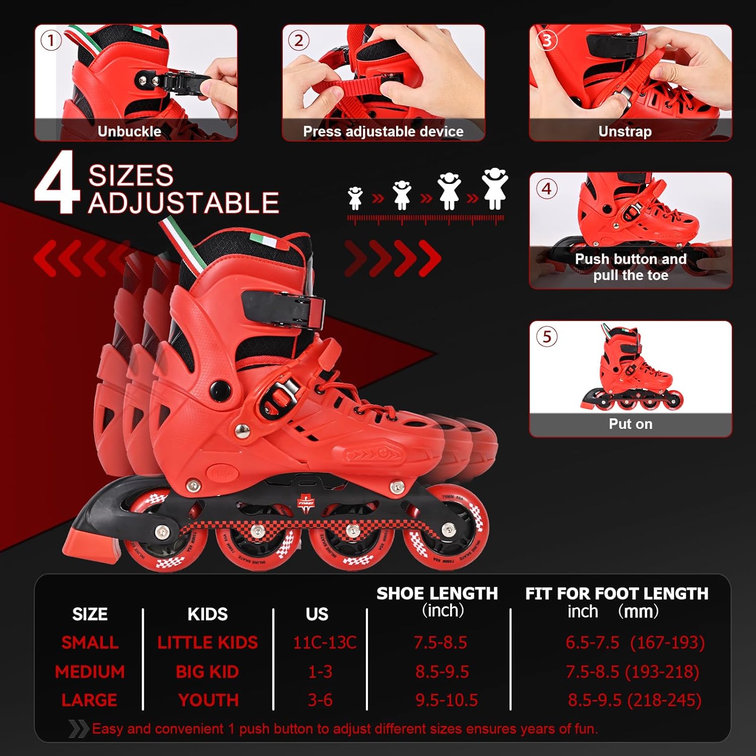 Adjustable Kids Inline Skates for Girls Boys with 8 Wheels, Kids Inline Roller Skates Blades for Youth Children Beginners Big Kids for Indoor Outdoor Playing