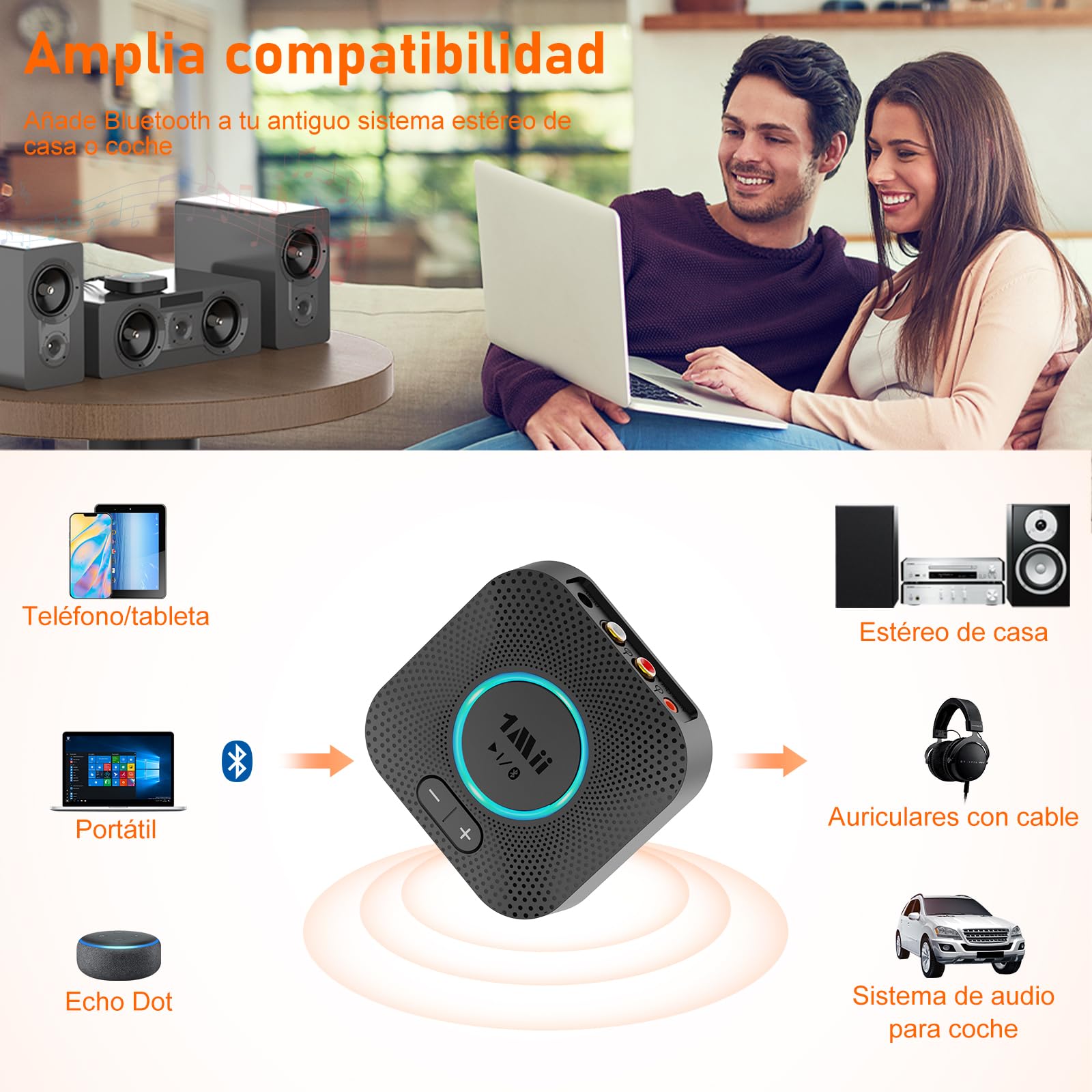 1Mii B06S Receptor Bluetooth 5.3 HiFi, Adaptador Audio Bluetooth con aptX HD/Baja Latencia, Control de Volumen, Salida RCA/AUX 3.5mm Jack para Estéreo, Amplificador, Coche, Altavoz, Largo Alcance 35m