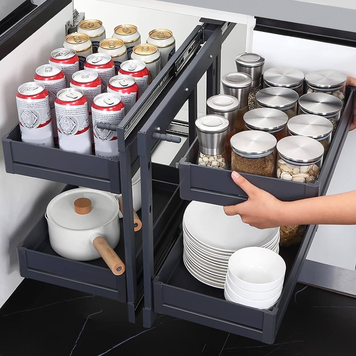 Tiroirs de Placard coulissants – Organiseur d'armoire de Cuisine, Armoire d'angle Aveugle, Organisateur de Panier à 2 Niveaux Coulissant, pour Ouverture à Gauche