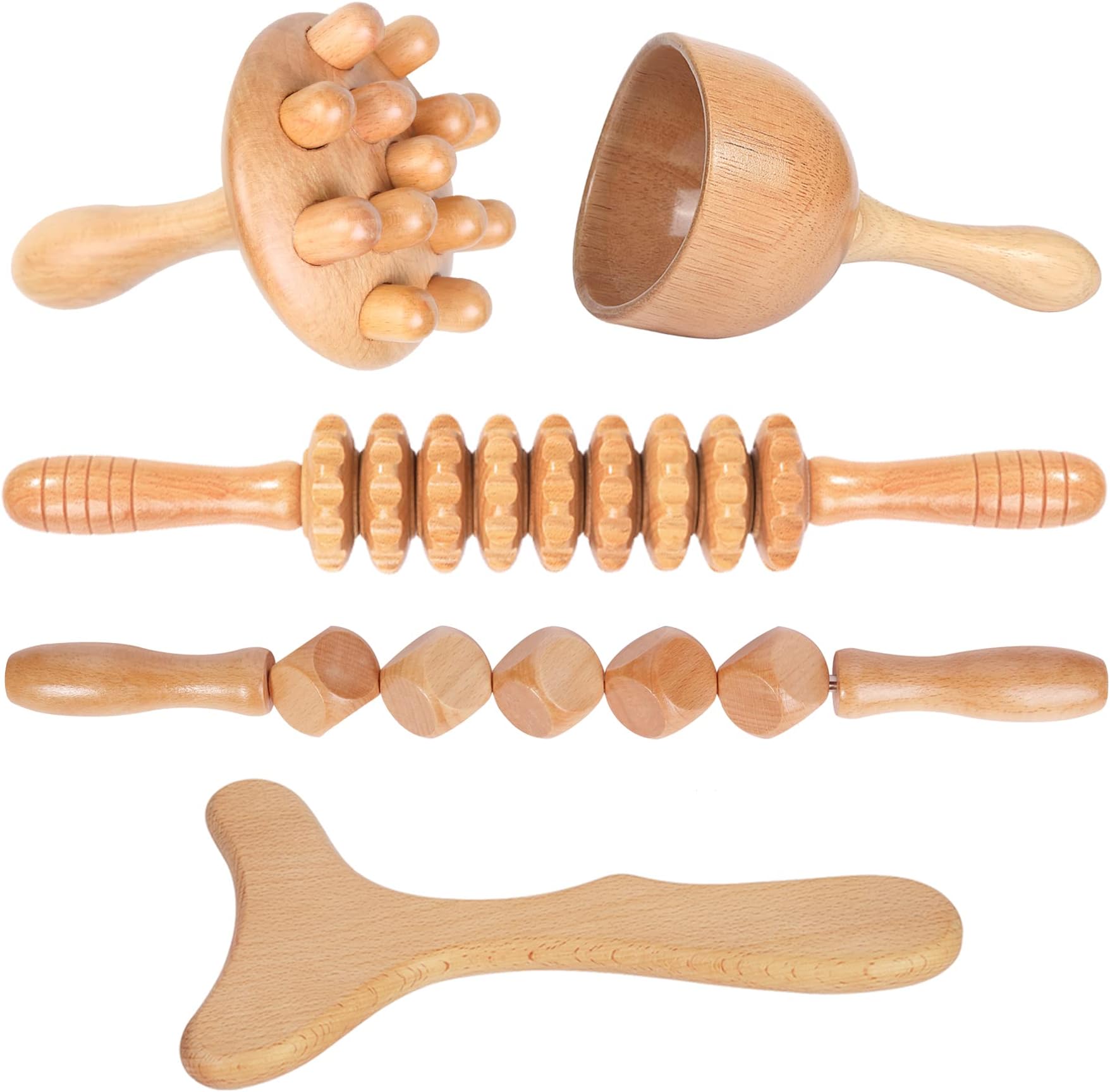 Wood Therapy Massage Tools 5-in-1 Lymphatic Drainage Massager Professional Maderoterapia Kit Wooden Massager Body Sculpting Tools for Muscle Pain Relief, Anti-Cellulite, Body Contouring and Shaping