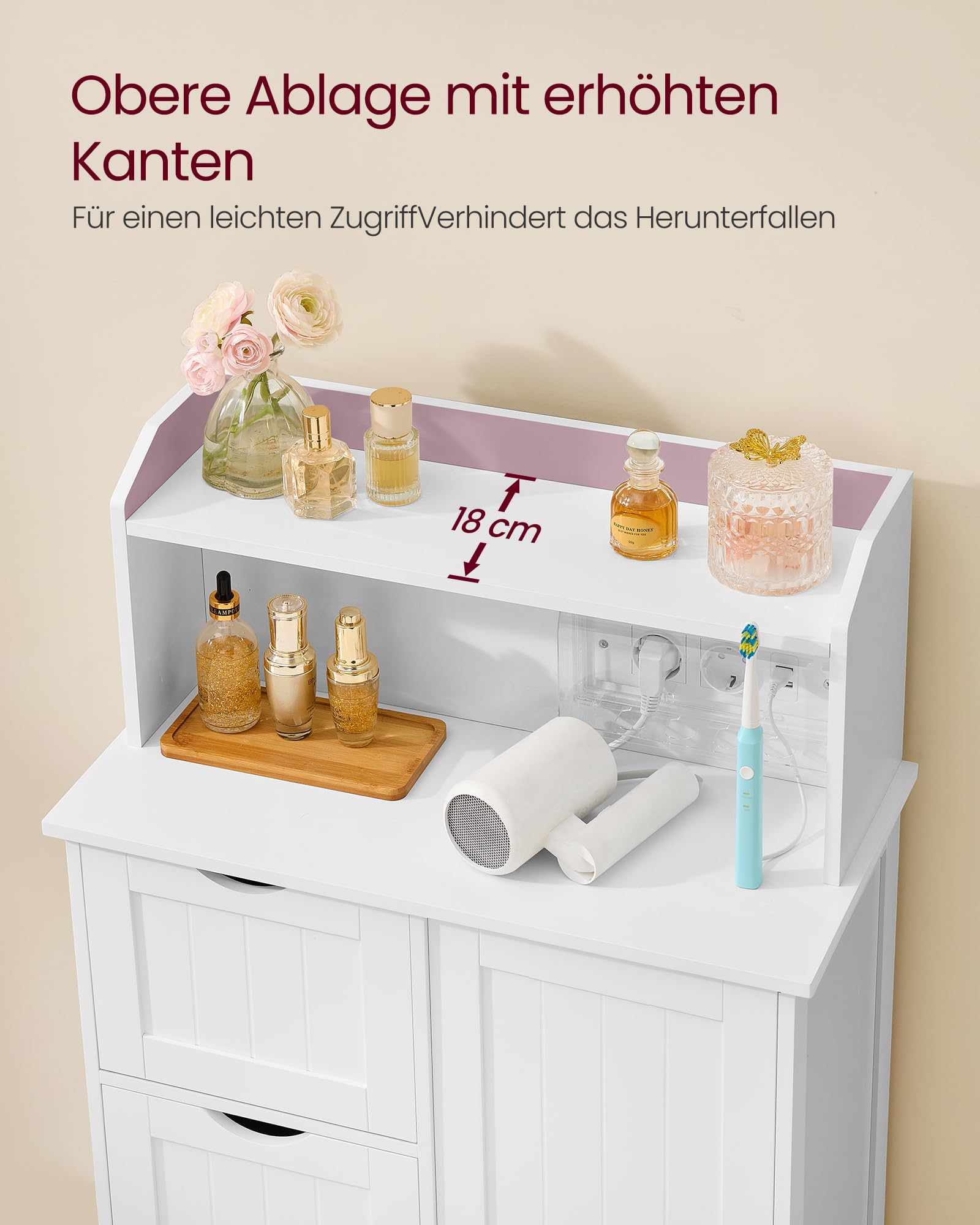 VASAGLE Badezimmerschrank, Badschrank, stehend, mit Tür, Steckdosenleiste, Schubladen, Schrank für Toilettenpapier, Toilettenschrank, verstellbare Ablagen, 30 x 60 x 100 cm, wolkenweiß BBC775W03