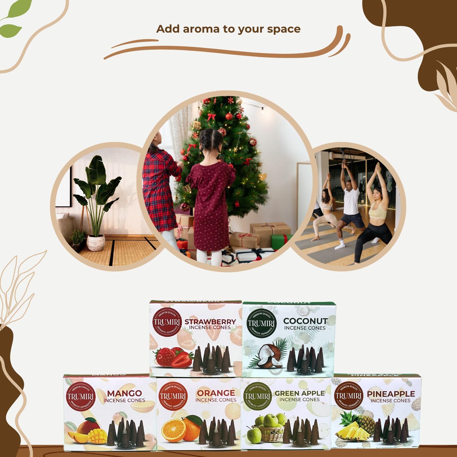 Trumiri Coni di incenso fruttati – Confezione assortita – Totale 60 coni di incenso (6 profumi x 10 coni – fragola, cocco, ananas, mela, mango, arancia) – coni di incenso – coni di incenso – coni di