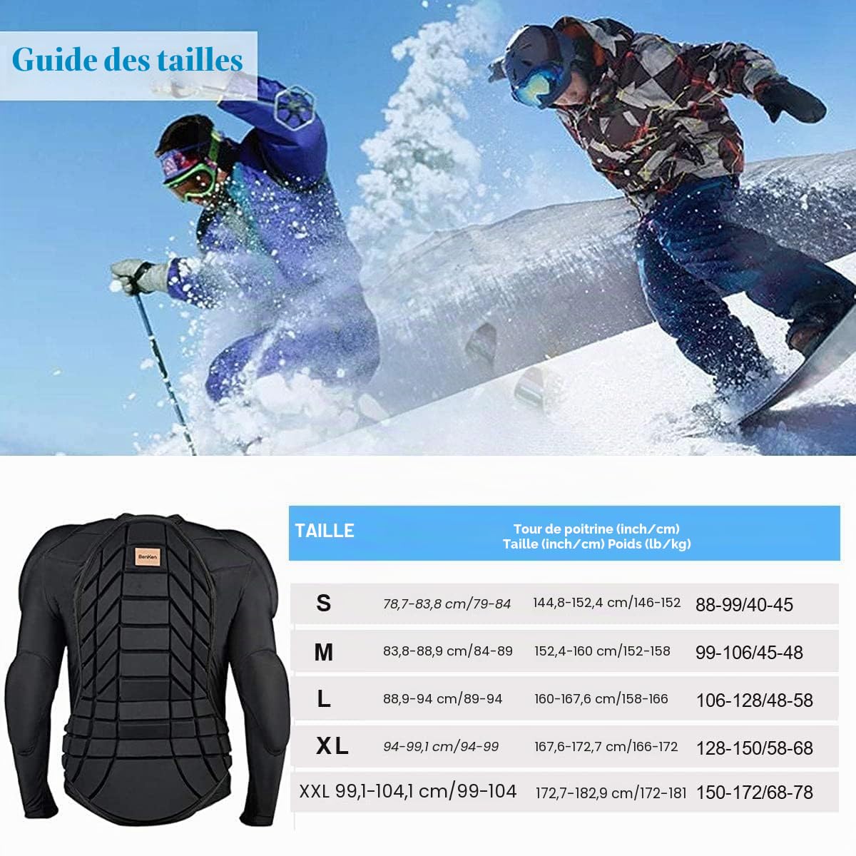BenKen Ultra Léger Protection Gear Ski Armure de Corps Dos Protection Dos Extérieur Sports Anti-Collision Vêtements pour Snowboard Skateur Ski Equitation Motocross Moto - Court Ski Corps Armure