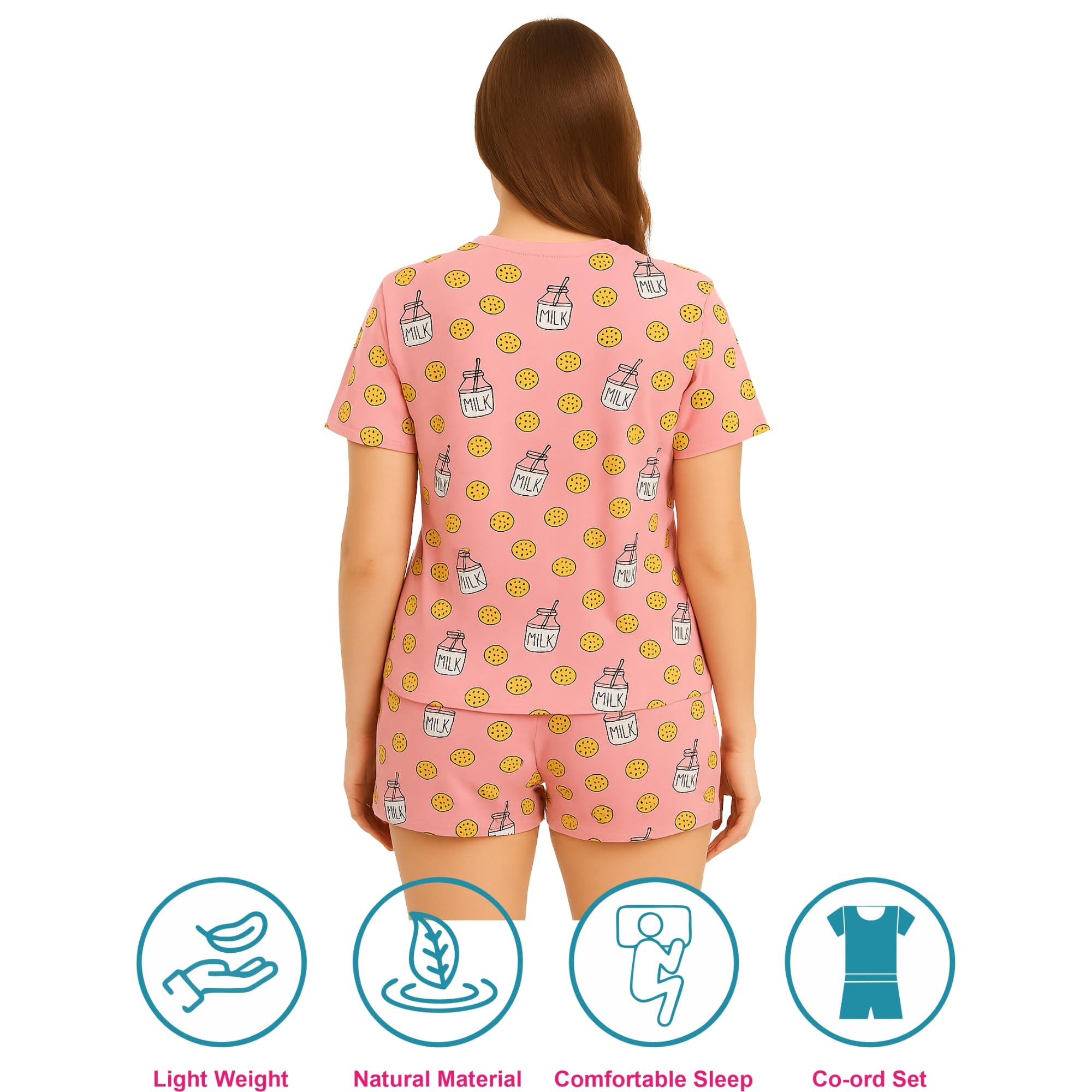 Hestia Cotton Night Suit for Women | Sleep Wear | Night Wear Dress Set with Shorts and Top/T-Shirt | Breathable Fabric | Shrink Free Material | Cookies Printed | Pink | Small | Set of 1 - Image 5 thumbnail