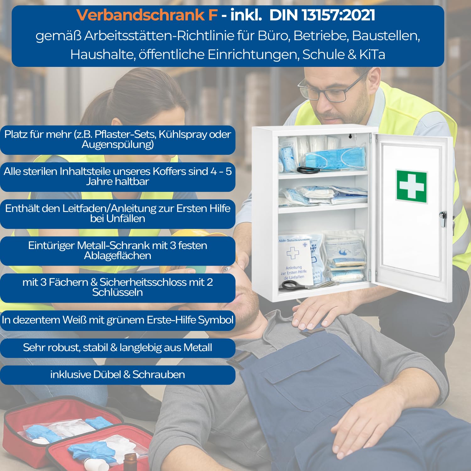 First Aid Products Erste Hilfe Verbandschrank F mit Sichtfenster – inkl. DIN 13157:2021 Füllung, Metall & Pulverbeschichtet, 1-türig - Büro, Betrieb, Schule, Kita & zu Hause - Weiß, 46 × 30 × 14 cm