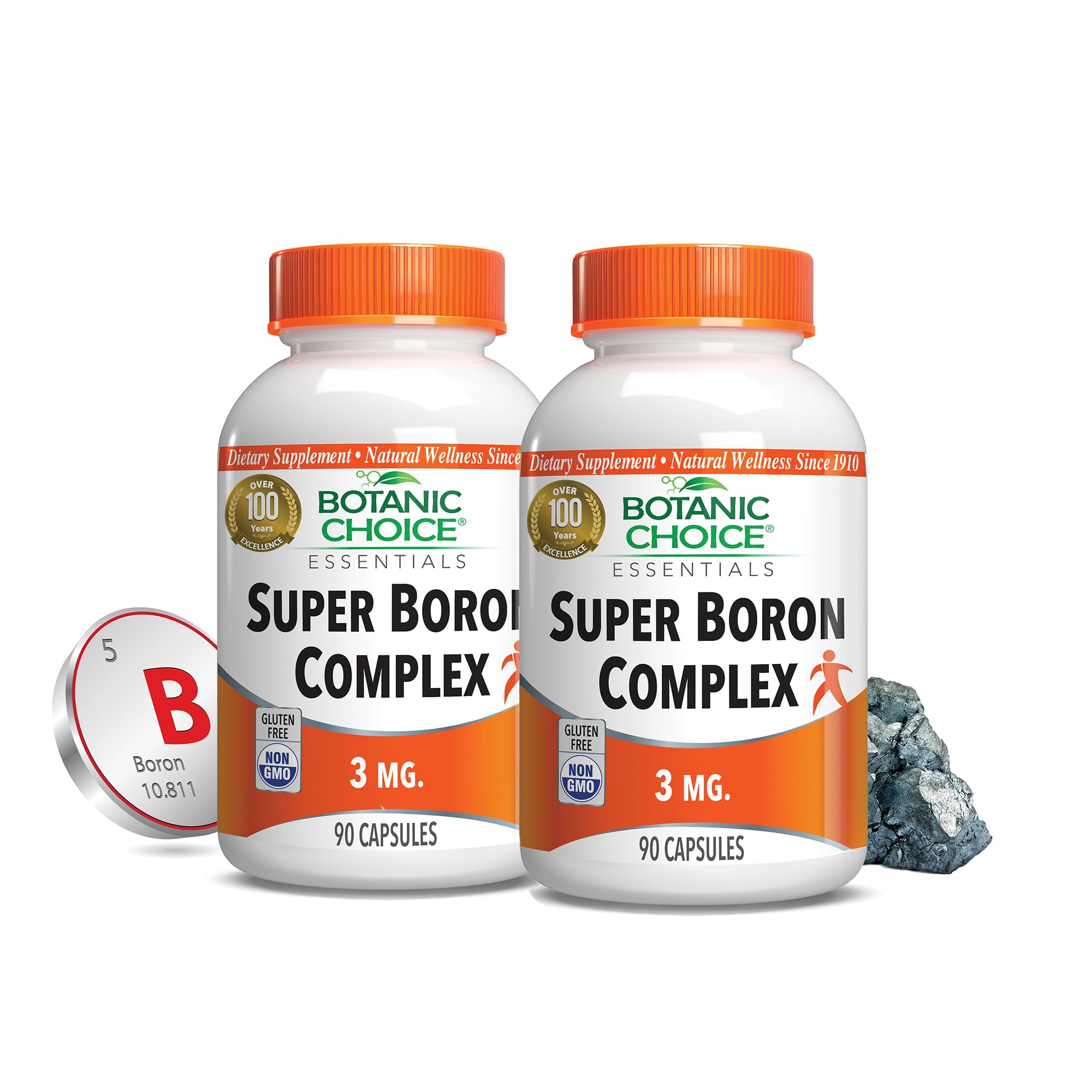 Botanic Choice Super Boron Complex (3mg) - Promotes Bone & Prostate Health by Metabolizing Calcium & Magnesium - 3 Forms of Boron for Men & Women - 2 Pack