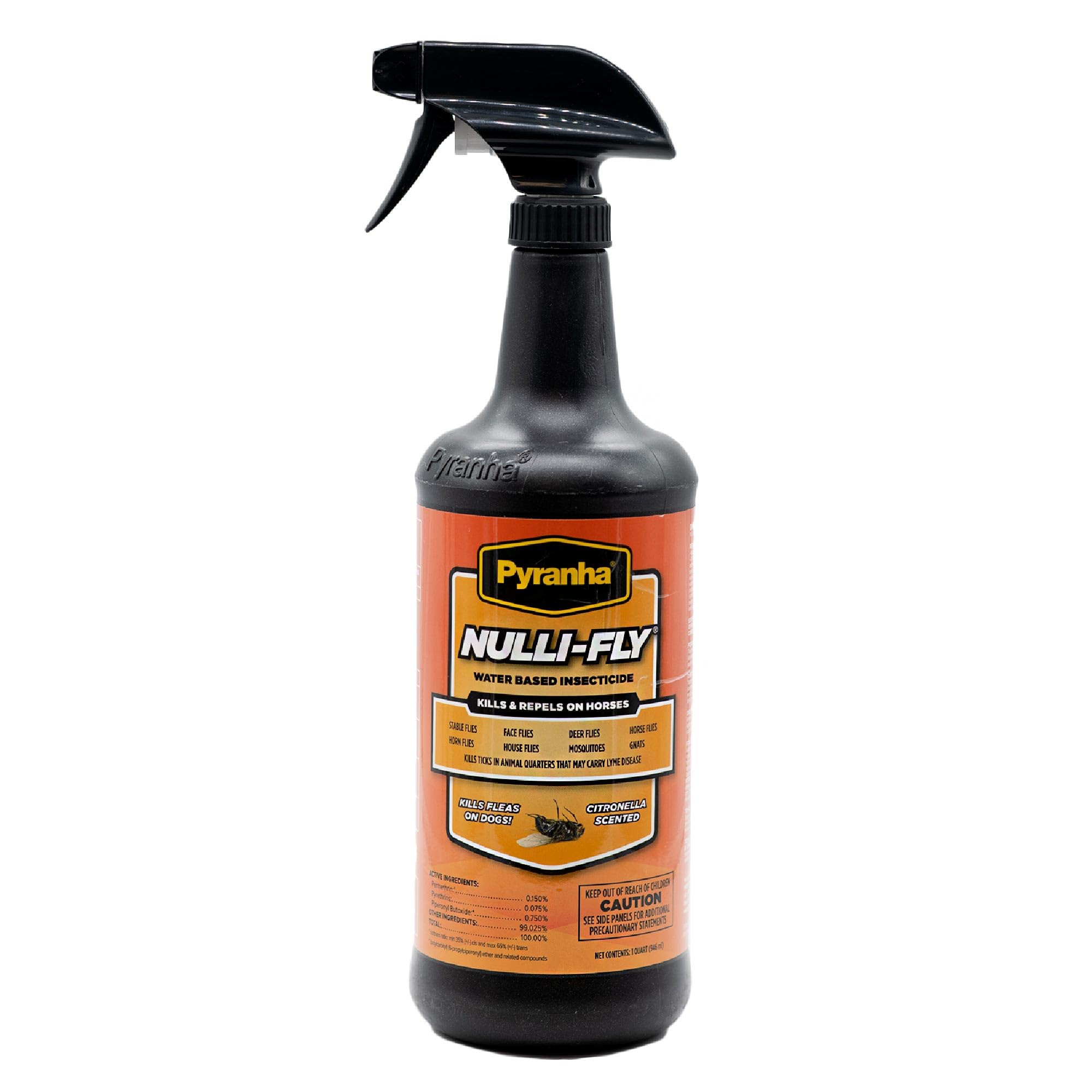 Pyranha Nulli-Fly Horse Fly Spray – Water-Based Formula for Sensitive Skin, Kills and Repels Flies, Gnats, Lice, Ticks, Ready to Use, Citronella Scent