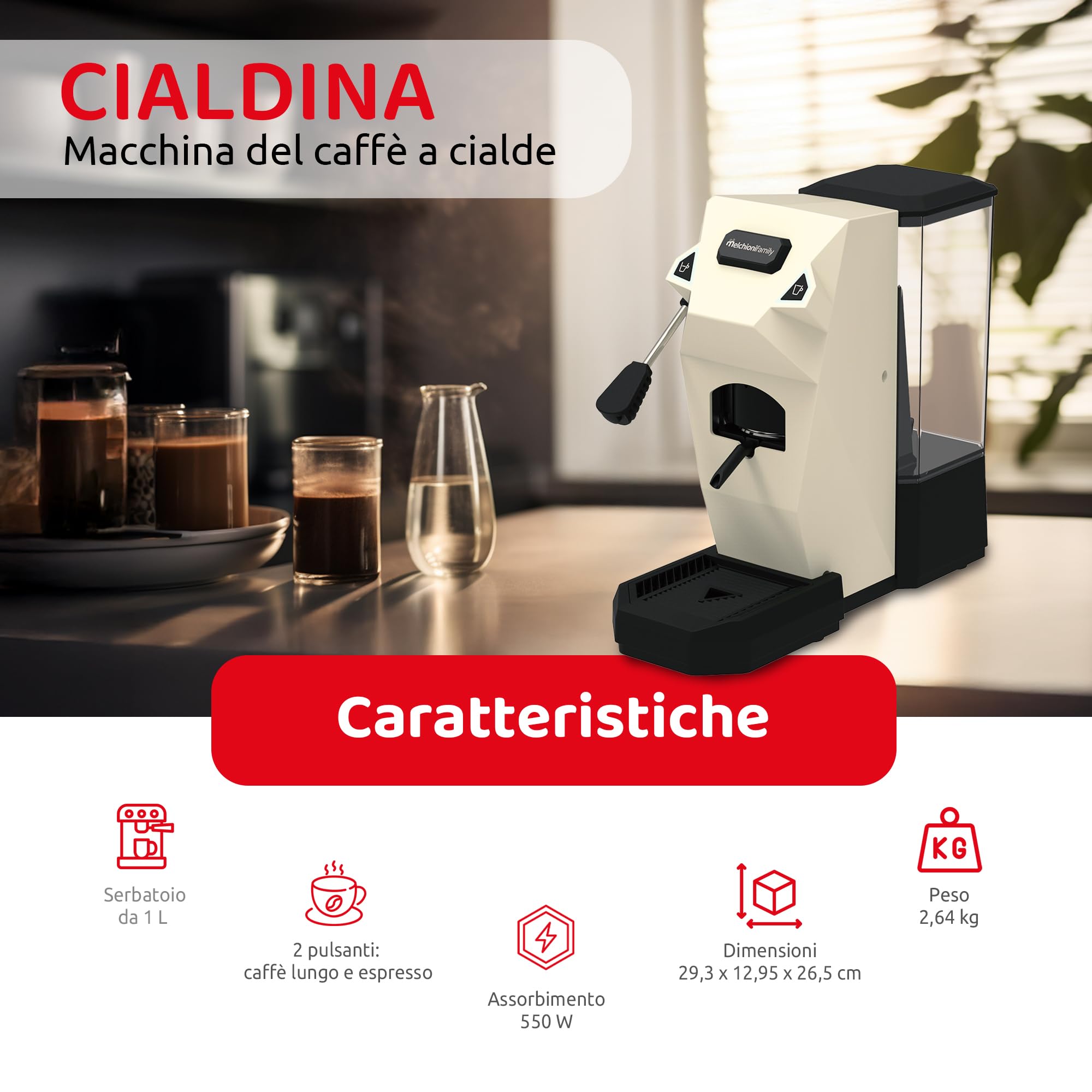 Melchioni Family | CIALDINA Macchina Caffè Espresso compatibile con Cialde E.S.E., 15 Bar, Serbatoio 1L, 2 Pulsanti Espresso e Lungo, Pompa Italiana, 550W