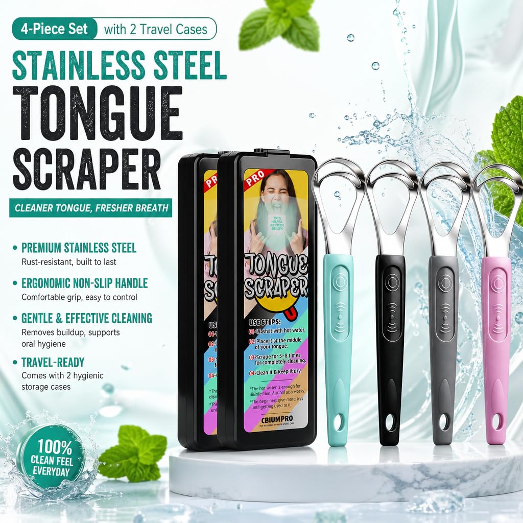 Raspador de lengua para niños, paquete de 4 raspadores de lengua de acero inoxidable, rascador de lengua de metal para adultos, rascador de lengua duradero con funda de viaje para reducir el mal