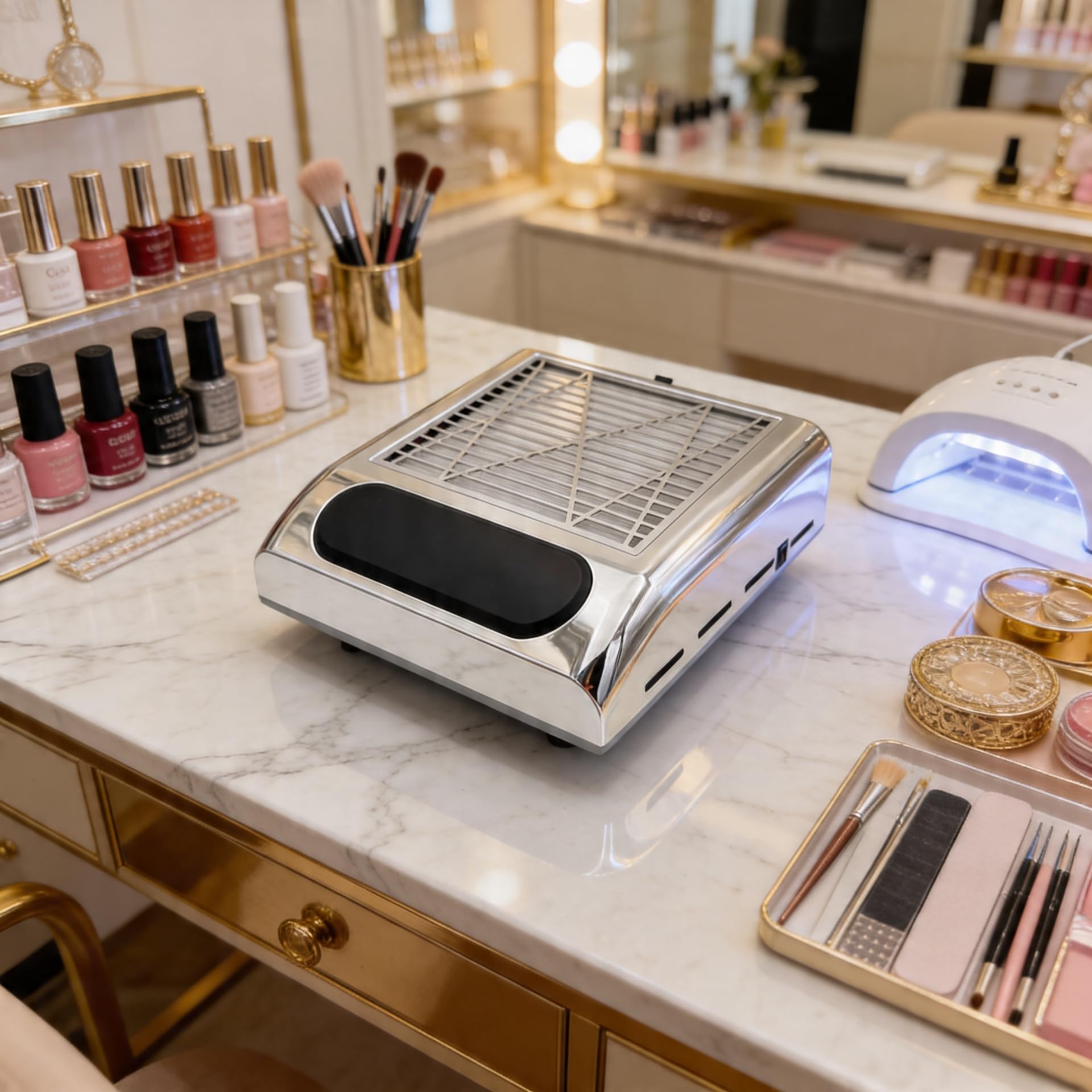 Pochłaniacz Pyłu do Paznokci 80W, Bezworkowy, Filtr Kasetowy, do Manicure, Srebrny, do Domu i Salonu