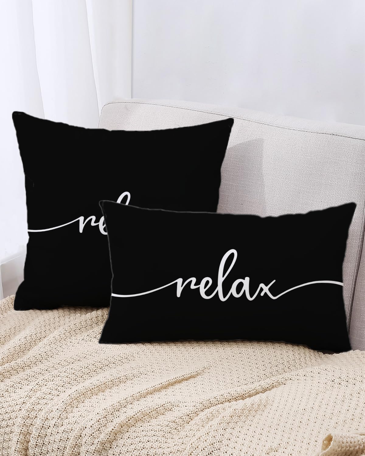 Farmhouse Relax Lumbar Pillow Cover 12x20 Inch - 'Housewarming Gifts' Rustic Cushion Case, Ideal for Couch & Porch Bench Decor, Cozy Home Accessory(Black) - Image 3