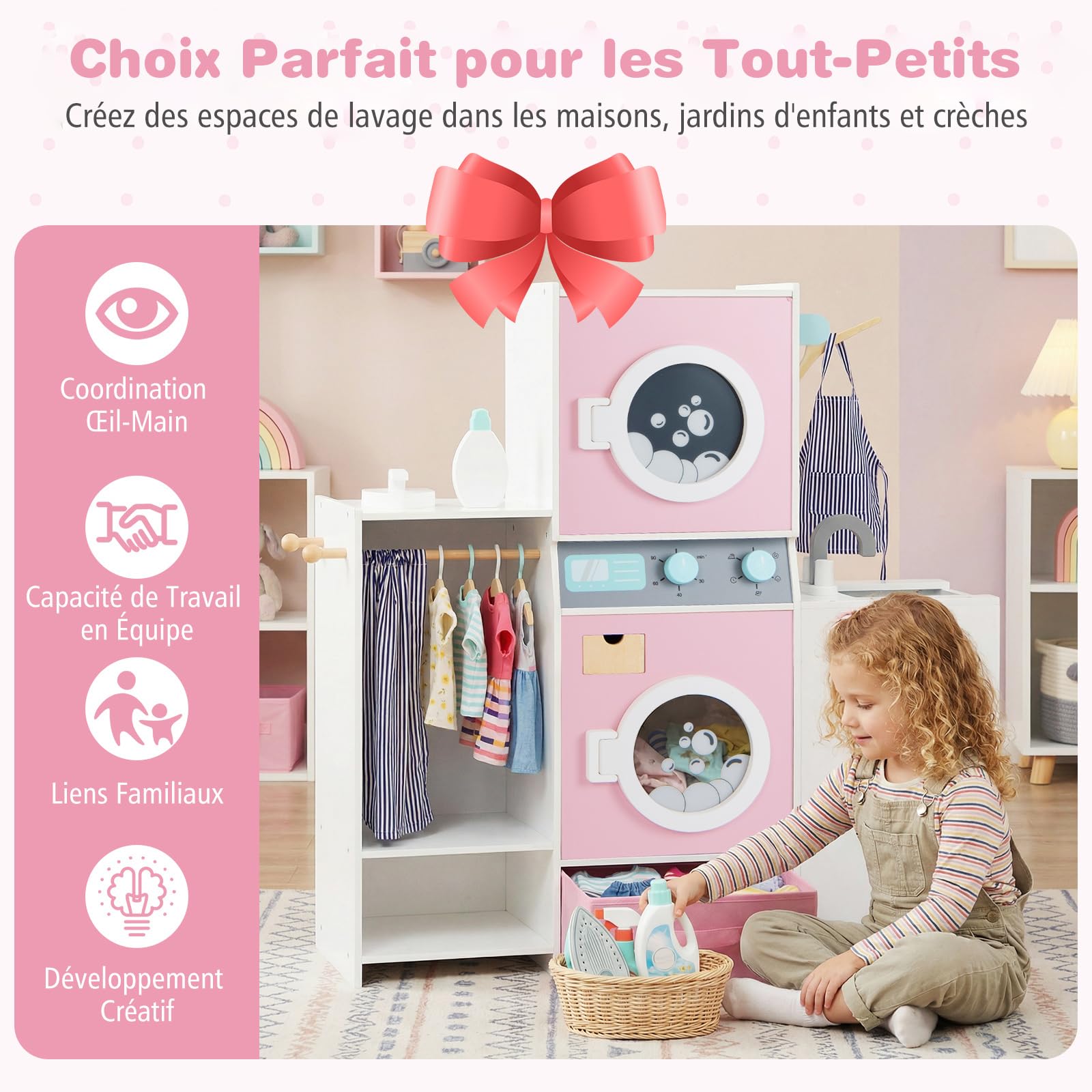 COSTWAY Machine à Laver Enfant avec Fer à Repasser et Lavabo, Buanderie Enfant en Bois avec Tiroir en Tissu Pliable et 3 Cintres, Détergent à Lessive, Jeu de Lave-Linge pour 3 Ans+