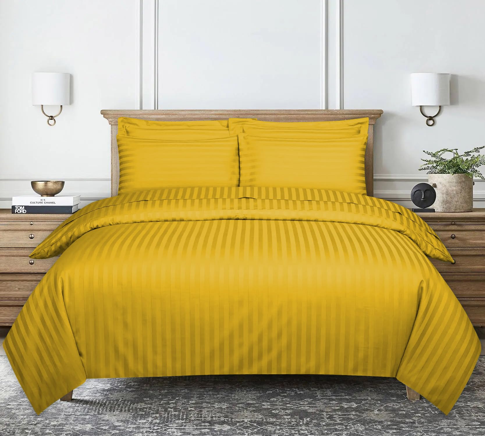 Ev Dekor Ochre | Yellow Duvet Cover Stripe Satin Superking,Ochre |Yellow Reversible Soft Microfiber