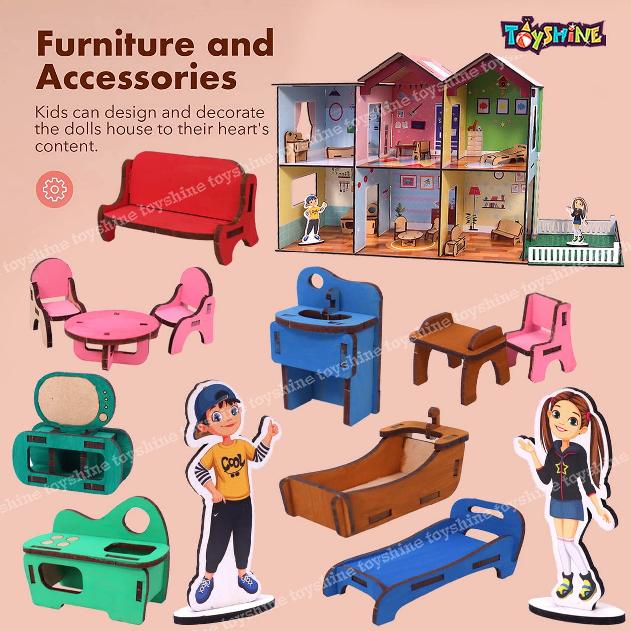 Toyshine Big Size Wooden DIY Doll House for Kids with Furniture, Dolls, Side Garden and Much More! Play House Learning Toy for Girls Boys 3 4 5 6 7 Year Old Birthday Gift Dollhouse - Image 2 thumbnail