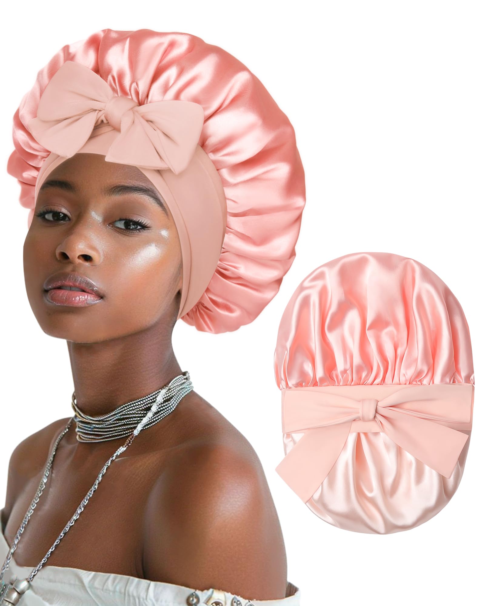 Satin Bonnet for Women Silk Bonnets for Sleeping Curly Hair Bonnet with Elastic Tie Band Reversible Double Layer Sleep Cap Hair Wrap (Pink)