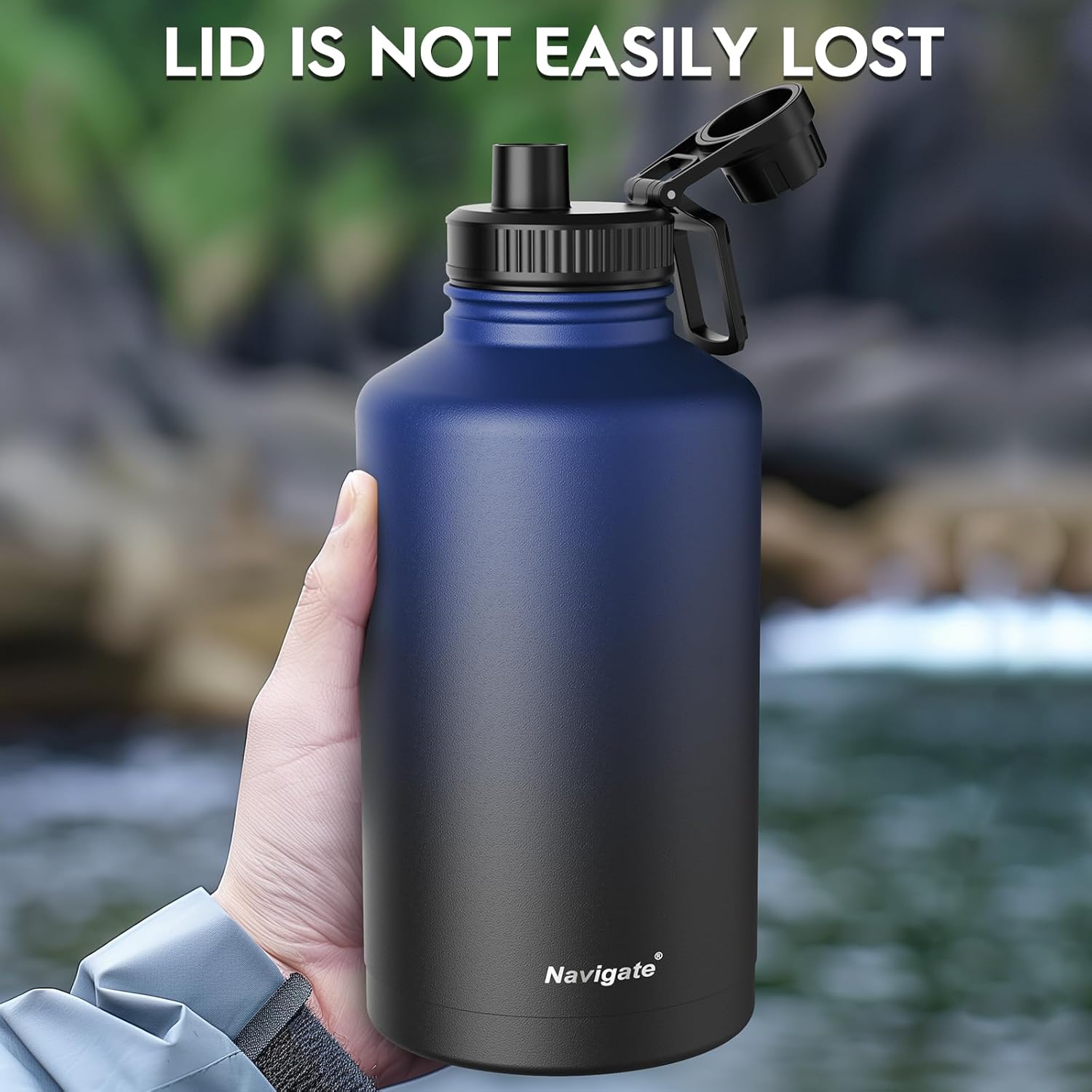 Navigate 64 oz Stainless Steel Insulated Water Bottle,Double Walled Leak Proof Keep Cold for 24 Hrs Hot for 12 Hrs,Wide Mouth Water Jug with Spout & Handle Lids,Blue to Black - Image 4