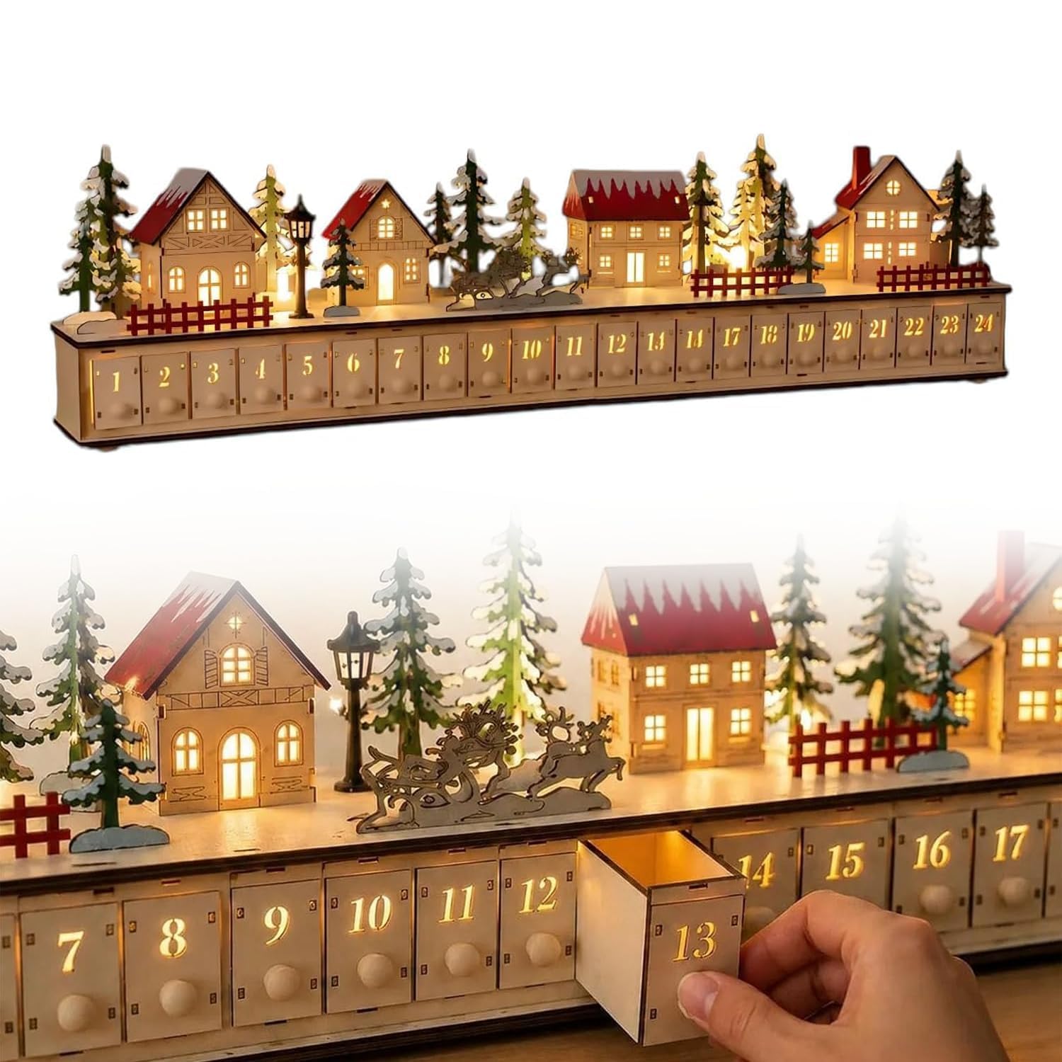 24 Tage Weihnachtsdorf Adventskalender, Weihnachtsdorf Mit Beleuchtung, Adventskalender Zum BefüLlen, Weihnachtsdeko Holzmaterial, Wiederverwendbar, FüR Kamine, Fenster, Esstische Und Wohnzimmer.、A