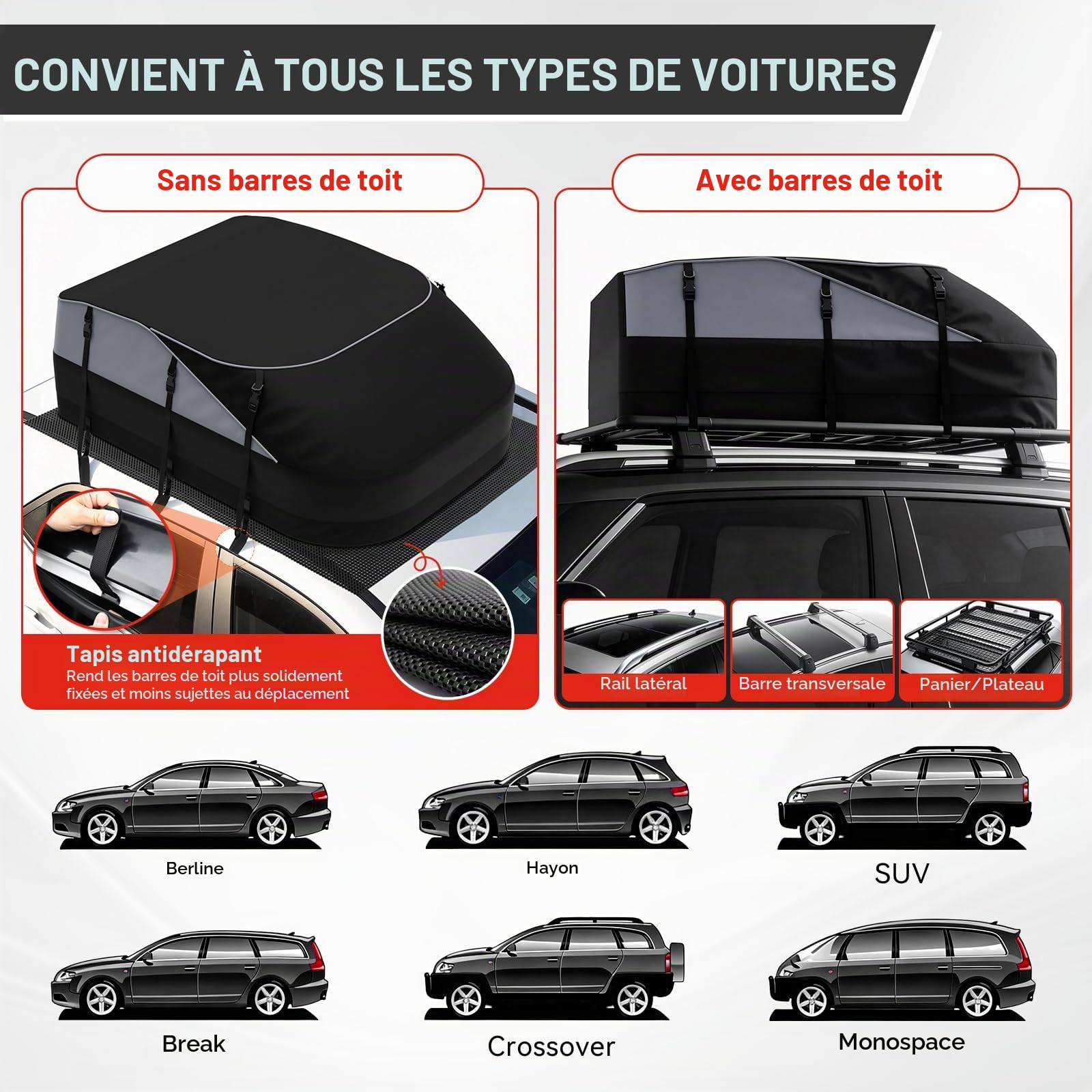 Coffre de Toit Voiture 598L (21 pi³) – Sac de Toit Imperméable 1000D Nylon, 8 Sangles & 6 Crochets, pour Voitures avec/sans Barres de Toit, Voyages et Transport