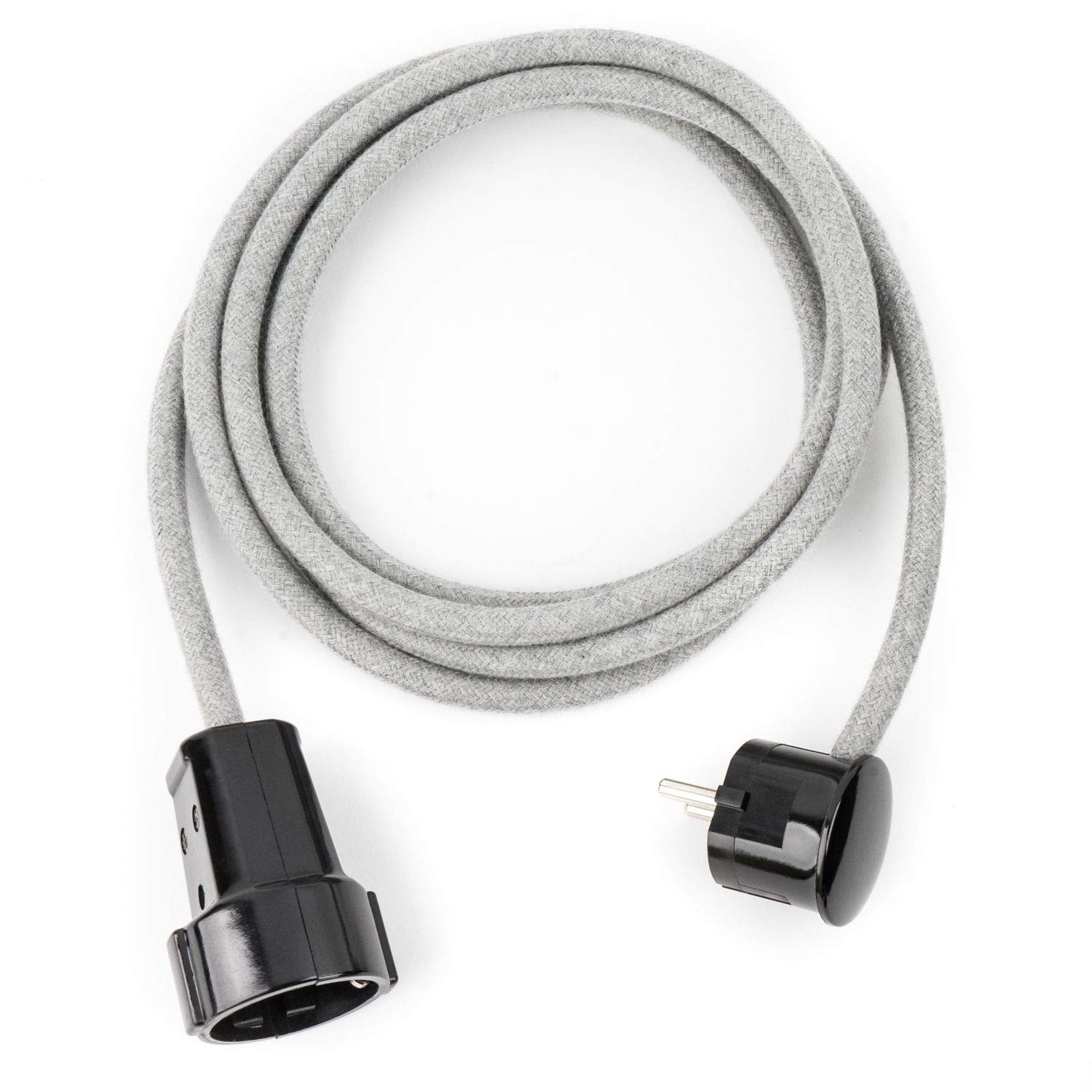 5 m tekstylny przedłużacz jasnoszary, kabel tekstylny z wtyczką kątową z zestykiem ochronnym i złączką z duroplastu (wygląd bakelitu)