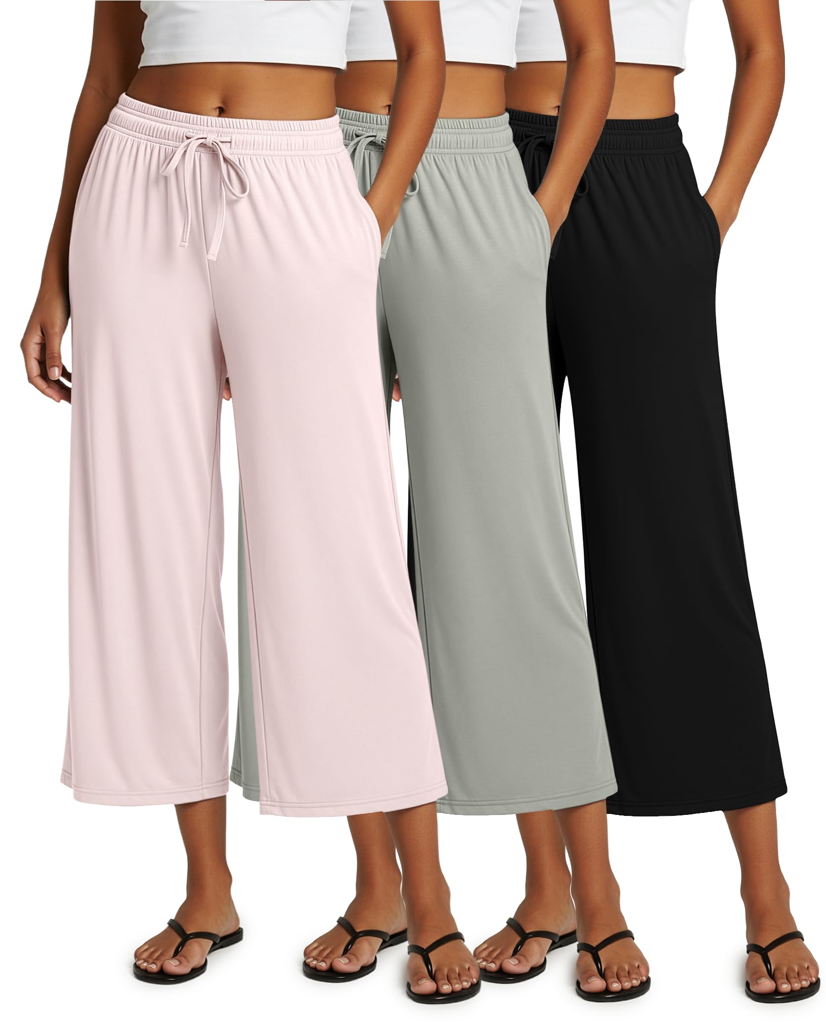 Real Essentials 3 Pack: Women's Ultra-Soft Wide Leg Loose Capri Open Bottom Pants - Yoga Lounge Pockets(Available in Plus)