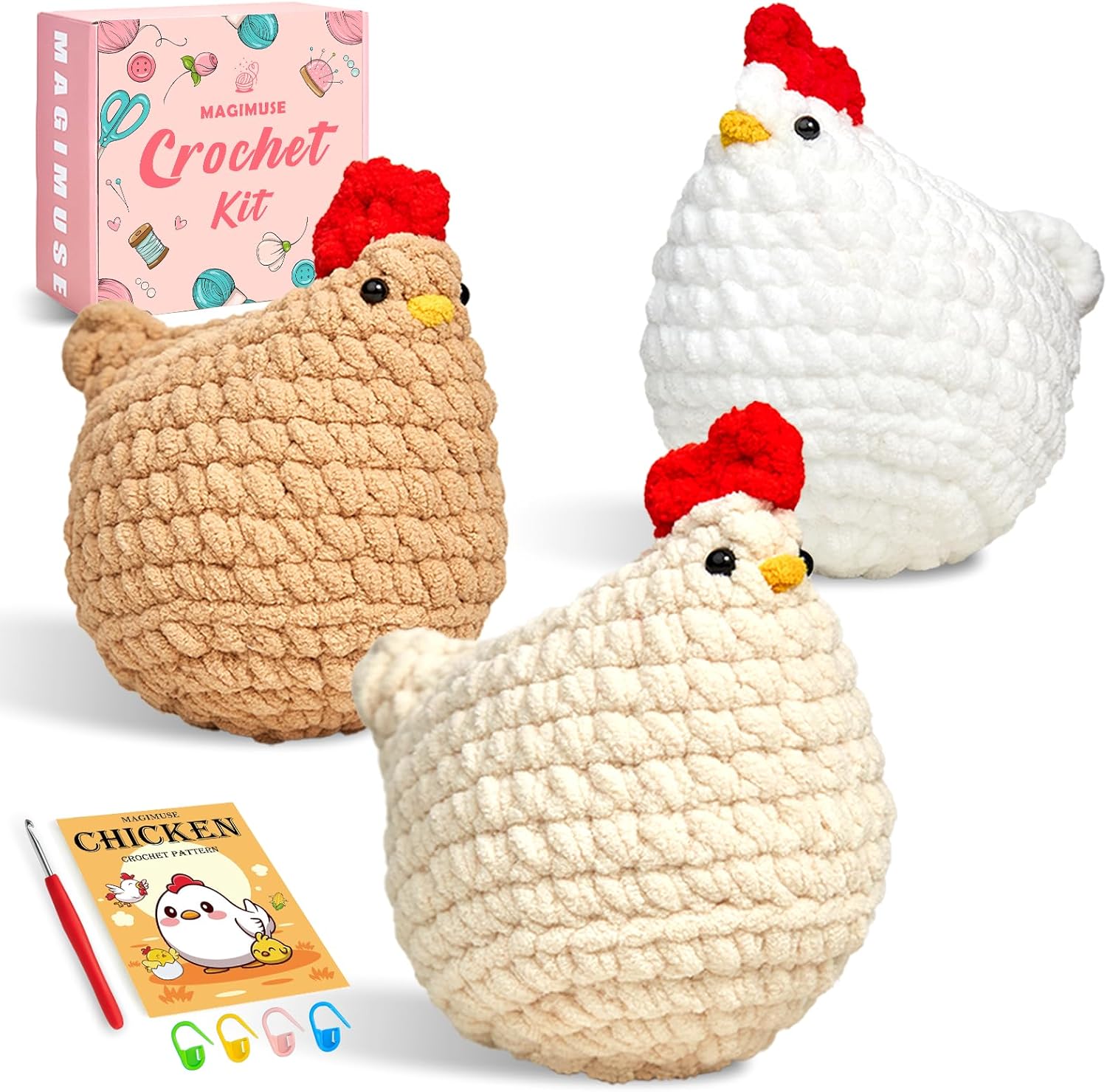 MAGIMUSE Crochet Kit for Beginners, Crochet Starter Kits for Adults Amigurumi Craft Knitting Crochet Animals Kits with Step-by-Step Video Tutorials, 3 Pcs Chicken (40%+ Yarn)