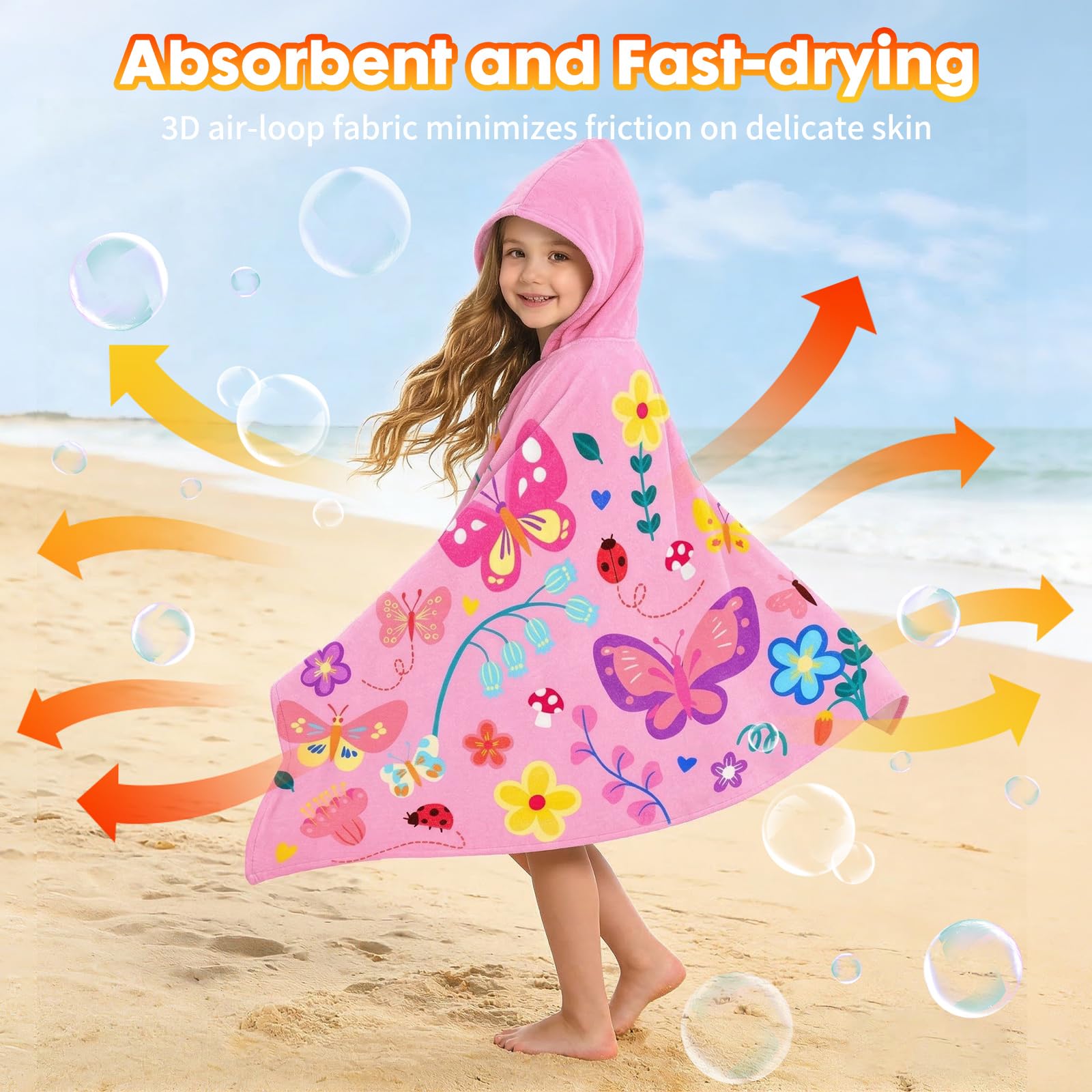 Pinksheep Hooded Bath Towel for Girls Age 3-10,100% Cotton Butterfly Toddler Towel with Snap Buttons,Super Soft and Absorbent Kids Beach & Swim Towel 30x50 Inches - 3