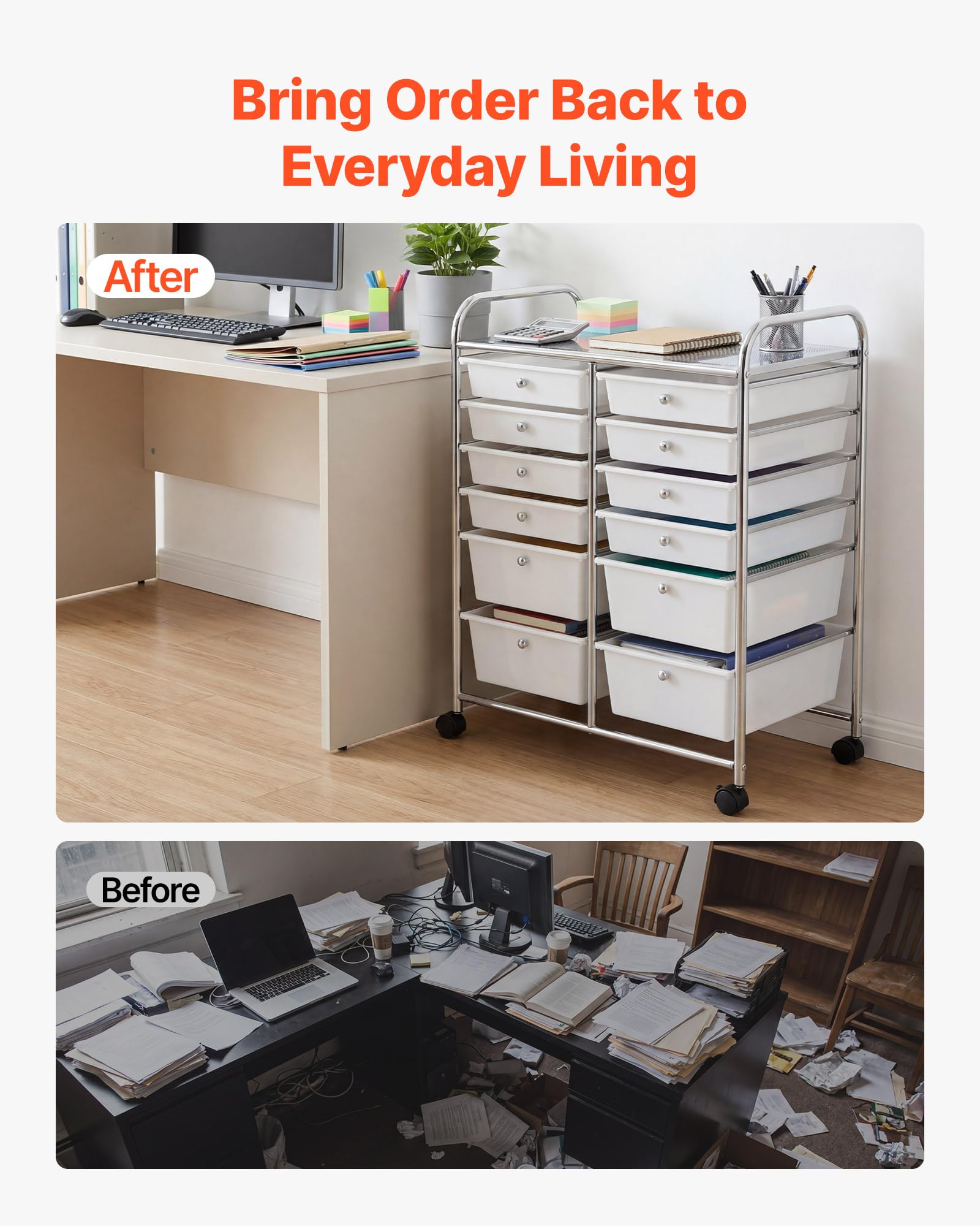 VEVOR Carrello con Cassetti Organizer a Doppia Fila con 12 Cassetti e Ruote, Carrello Portaoggetti, Telaio in Acciaio Cromato, Ruote Girevoli a 360° con 2 Freni, Ideale per Ufficio, Garage e Studio