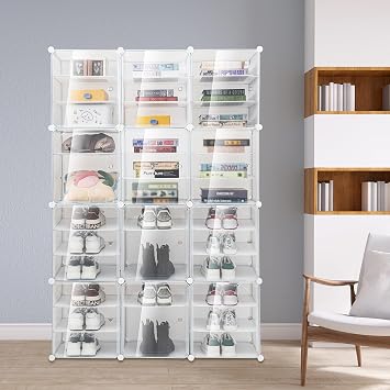 Clear Shoe Rack Organizer, 72 Pairs DIY Shoe Storage Cabinets Stand, 12-Tiers Stackable Shoe Storage Cabinet Stand, Transparent Plastic Storage Boxes for Heels, Boots, Slippers (72 Pairs)