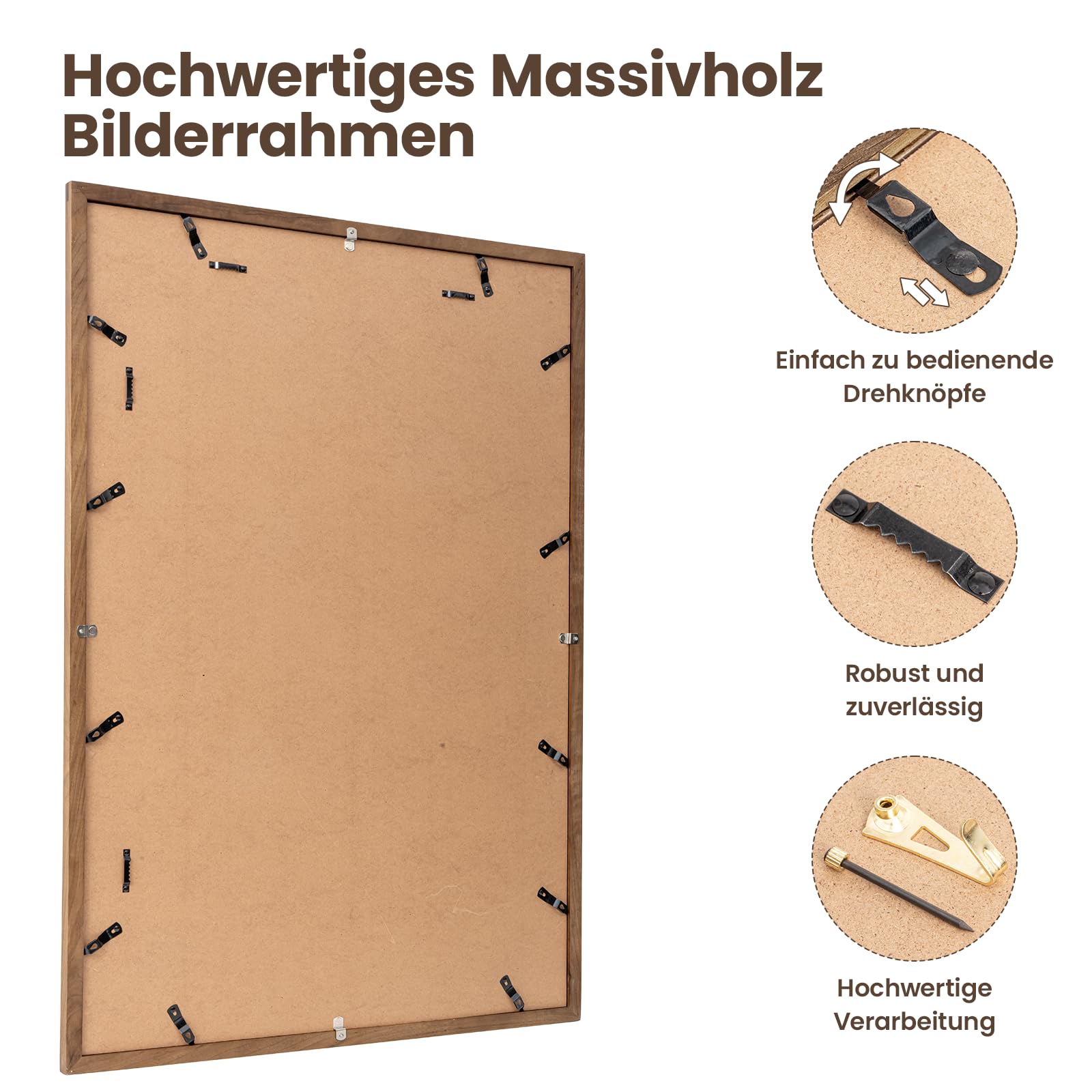 Feihorrm Vintage Bilderrahmen, A1 Walnuss Massivholz Fotorahmen, Mit gehärtetem Glas, Für 59,4x84 cm-Fotos ohne Passepartout oder 41x58,4 cm-Fotos mit Passepartout (Dunkel Braun, A1 (59,4x84 cm))