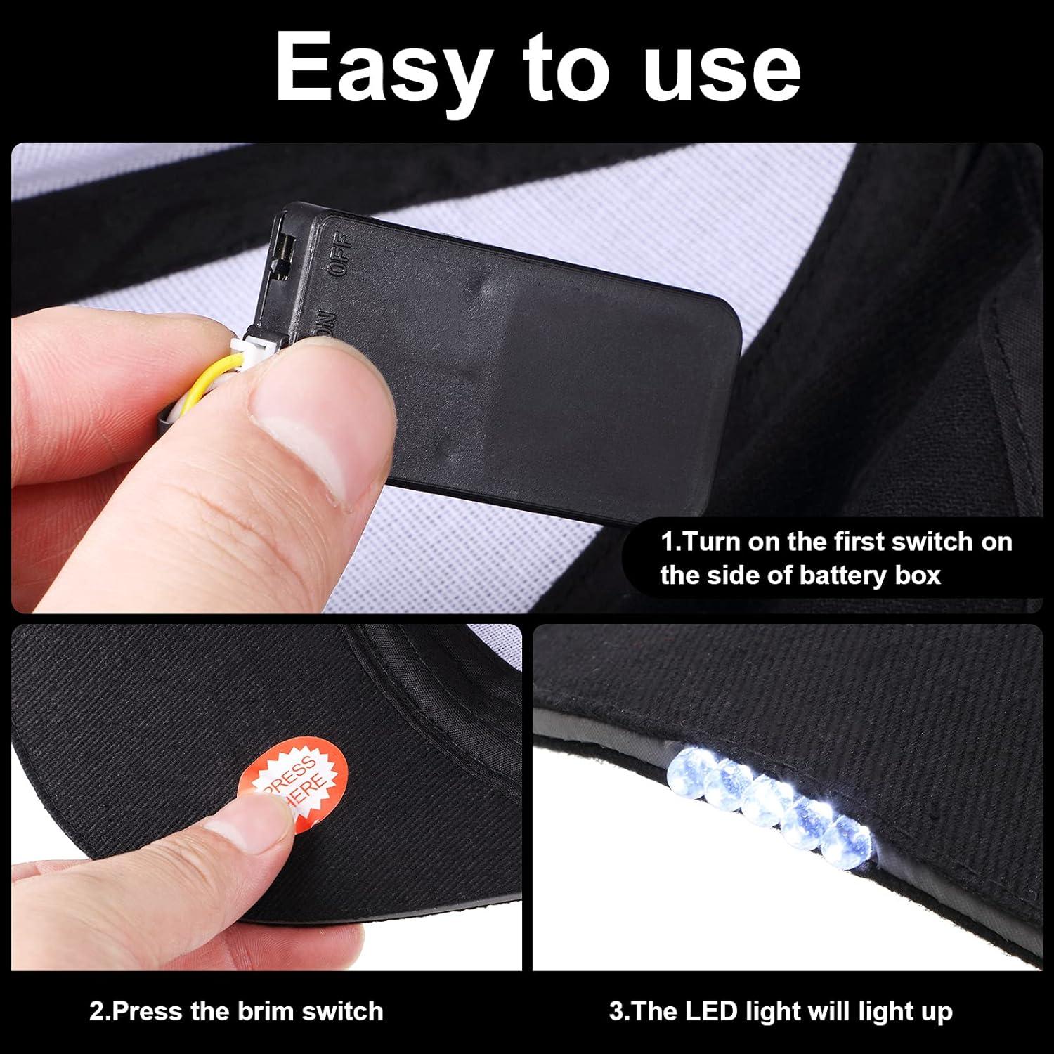 Syhood 2 Pieces LED Baseball Caps Flashlight Hats Hands Free Baseball Caps with Light Built in 5 Battery Powered Headlamp LED Hats Light for Men Fishing Jogging Camping Hand Work