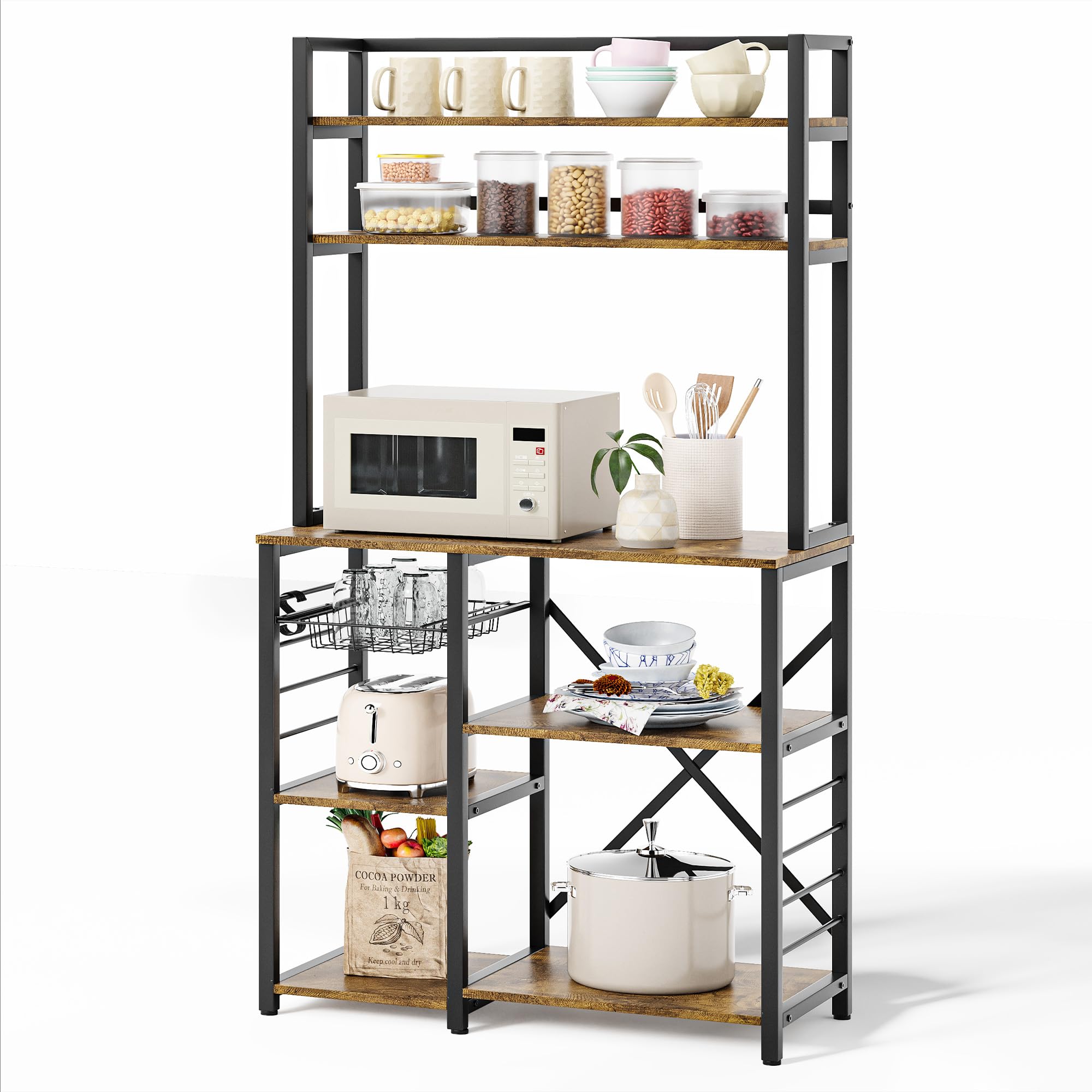 Bealife Scaffale da Cucina per Panetteria, Scaffale a 5 Ripiani con Ganci Laterali e Cestello in Filo, Scaffali in Legno e Metallo, Stile Industriale, 80,5x40,1x169,2 cm (Retro)
