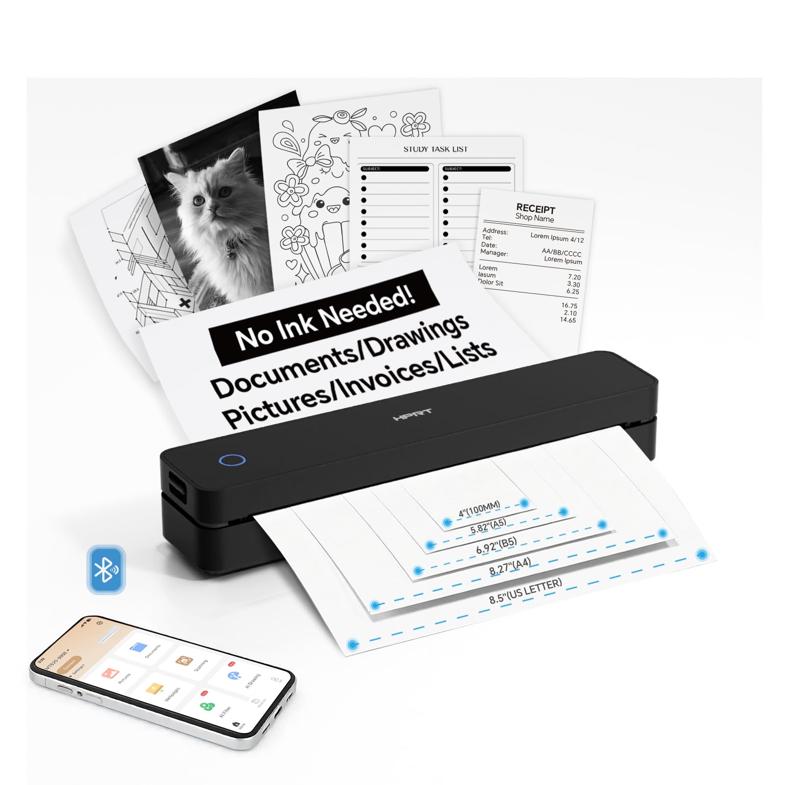 HPRT Imprimante thermique portable sans encre, prend en charge le papier thermique et les étiquettes, Bluetooth multi-utilisateurs, compatible avec iOS/Android/ordinateur portable pour la maison