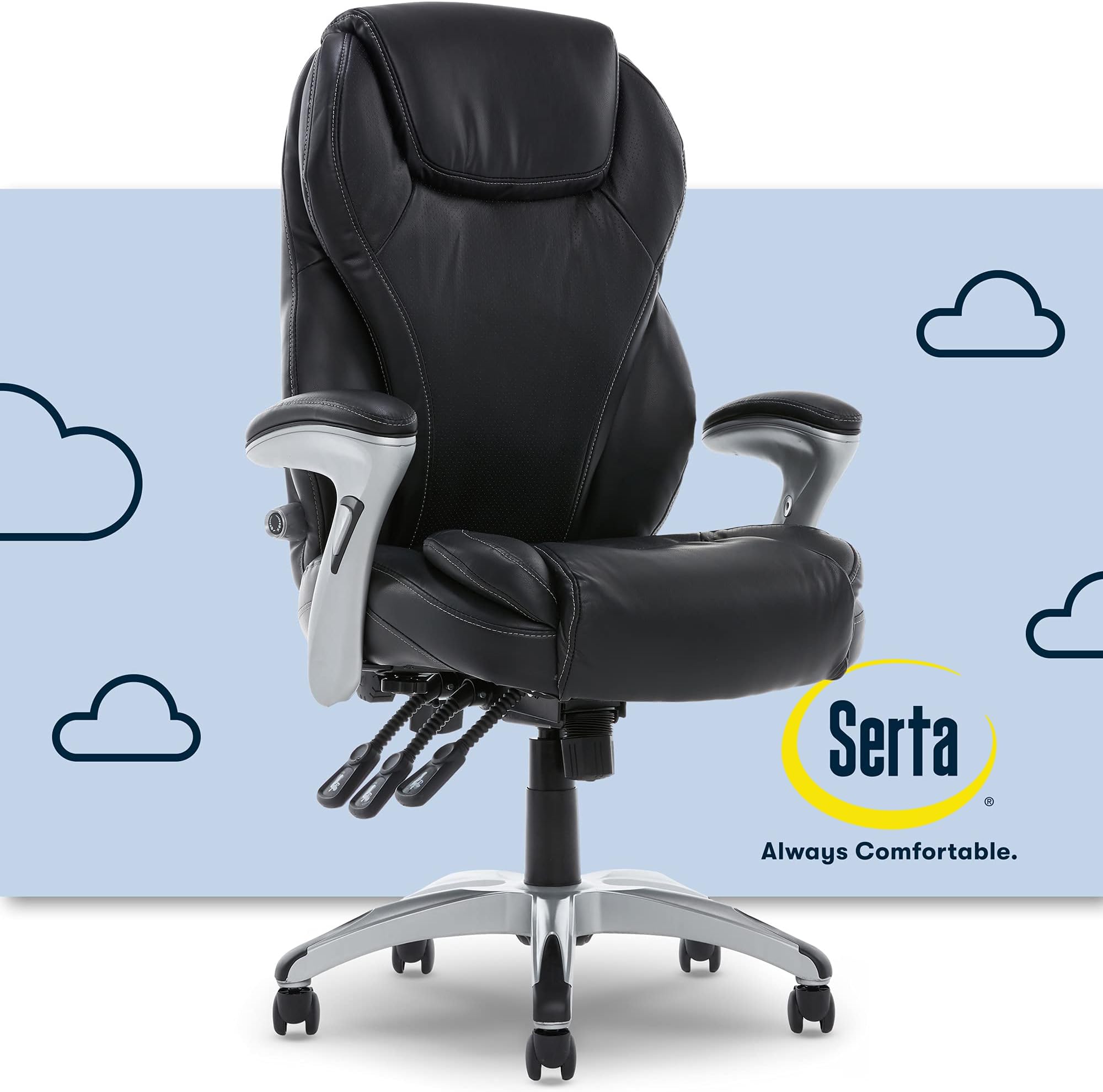 SertaErgonomic Leather Computer Chair with Layered Memory Foam, Contoured Lumbar, Pillowed Headrest Executive Adjustable Office, Black