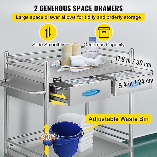 Miniatura 6 de VEVOR Carrito de servicio de laboratorio con carrito rodante de dos pisos con dos cajones para equipo de laboratorio, uso de acero inoxidable de
