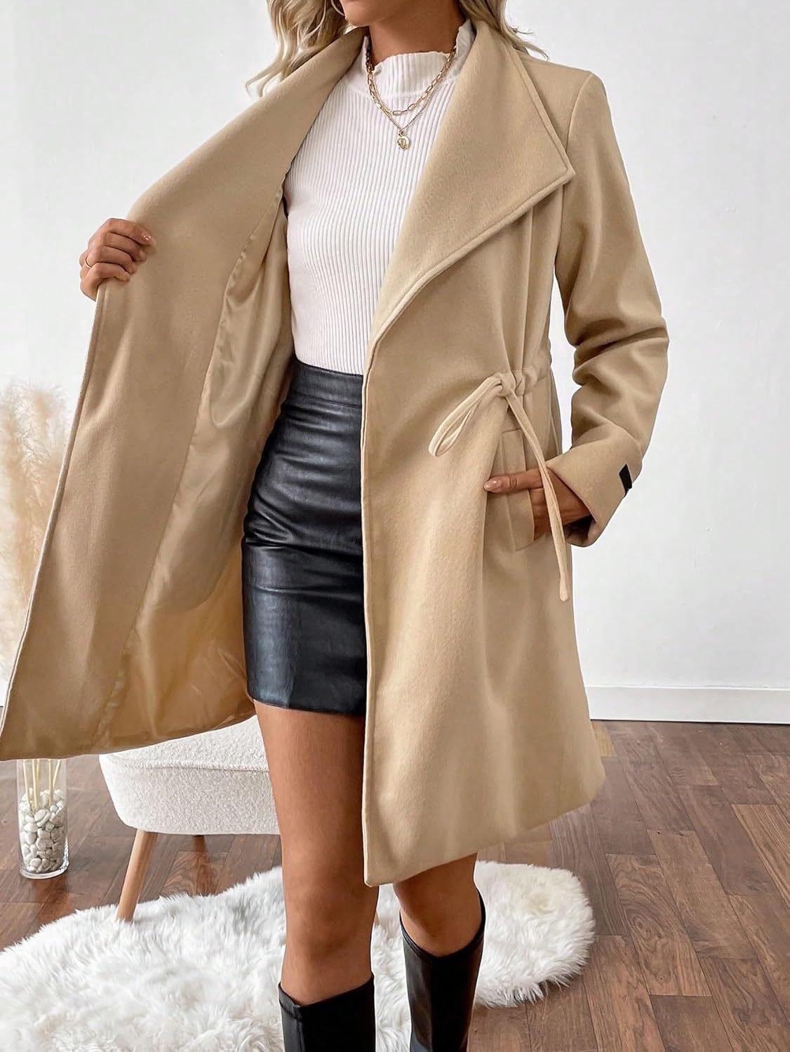 Women's Fashion Winter Wrap Waterfall Solid Color Lapel Waist Sleeve Patch Slim Trench Coat Fall Fall Overcoat
