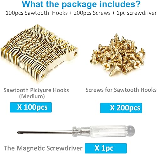 Miniatura 5 de YHYZ Perchas de dientes de sierra a granel (mediano), 100 ganchos dorados de dientes de sierra con 200 tornillos + destornillador, para marcos de