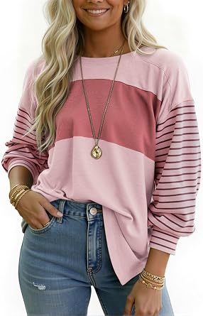 Womens Oversized Striped Shirts Long Sleeve Pullover Tops Crew Neck Color Block Casual Blouses