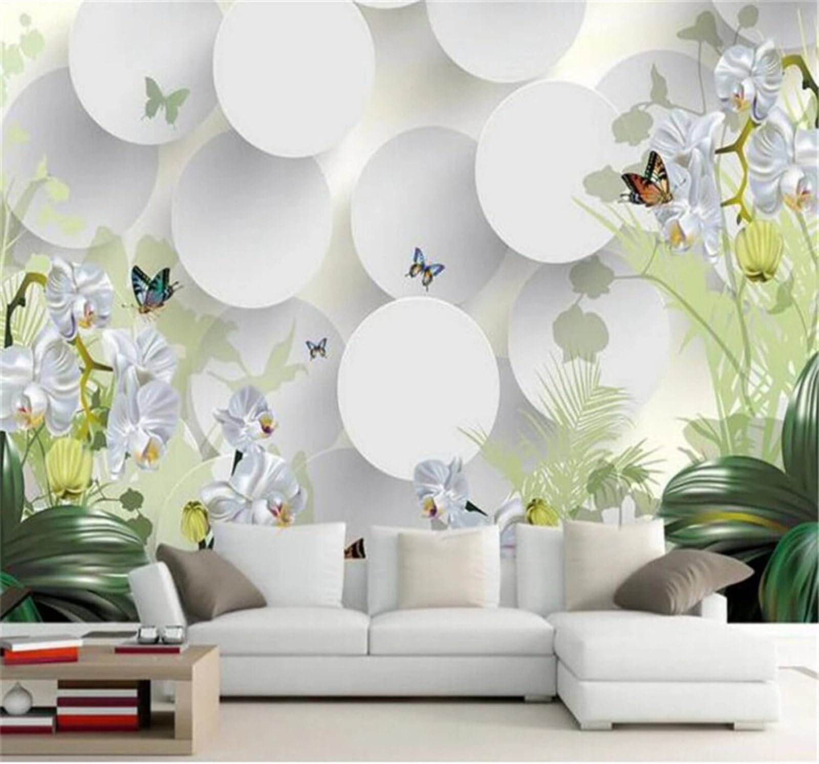 Wallpaper-3D-Xlm 430Cm×300Cm(B×H) Fresh Circular Plants Flowers Butterflies 3D Wallpaper Easy Install Feature Office Living Room Sofa Bedroom Tv Background Wall Decoration-430Cm×300Cm