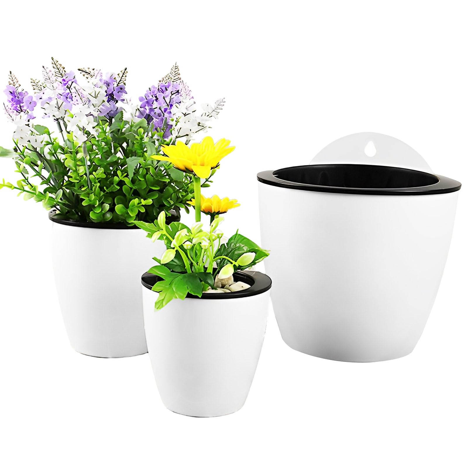 Qixuer 3 Macetas Colgantes con Absorción Automática de Agua,Macetas Colgantes de Plástico para Adornos de Balcón, Valla, Jardín,Hogar y Oficina (3 Tamaños)