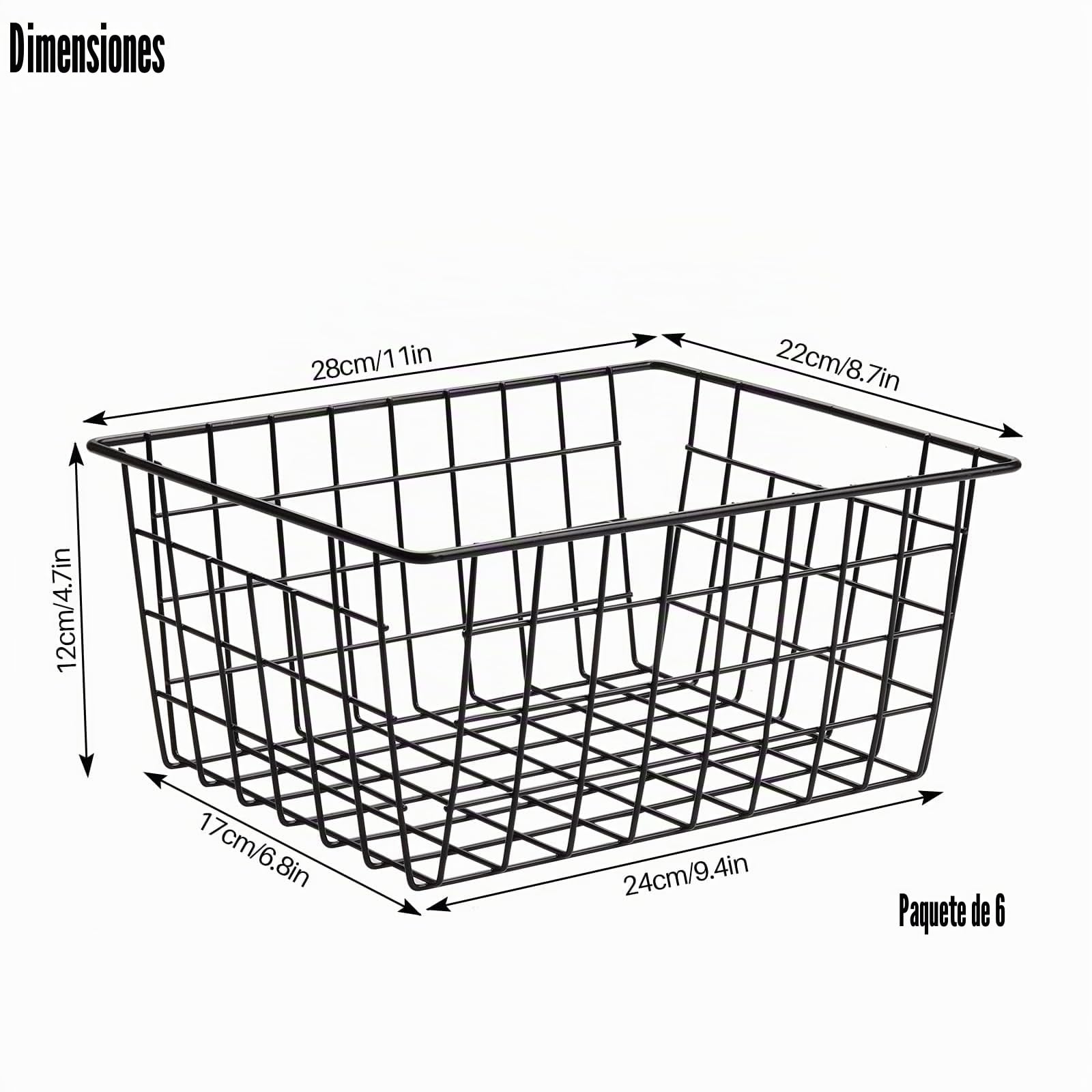 Hniuyun Paquete de 6 cestas de alambre negro, organizador de encimera para armarios de cocina, cestas de almacenamiento de metal para garaje, nevera, dormitorio, baño, lavandería, 28 x 22 x 12 cm