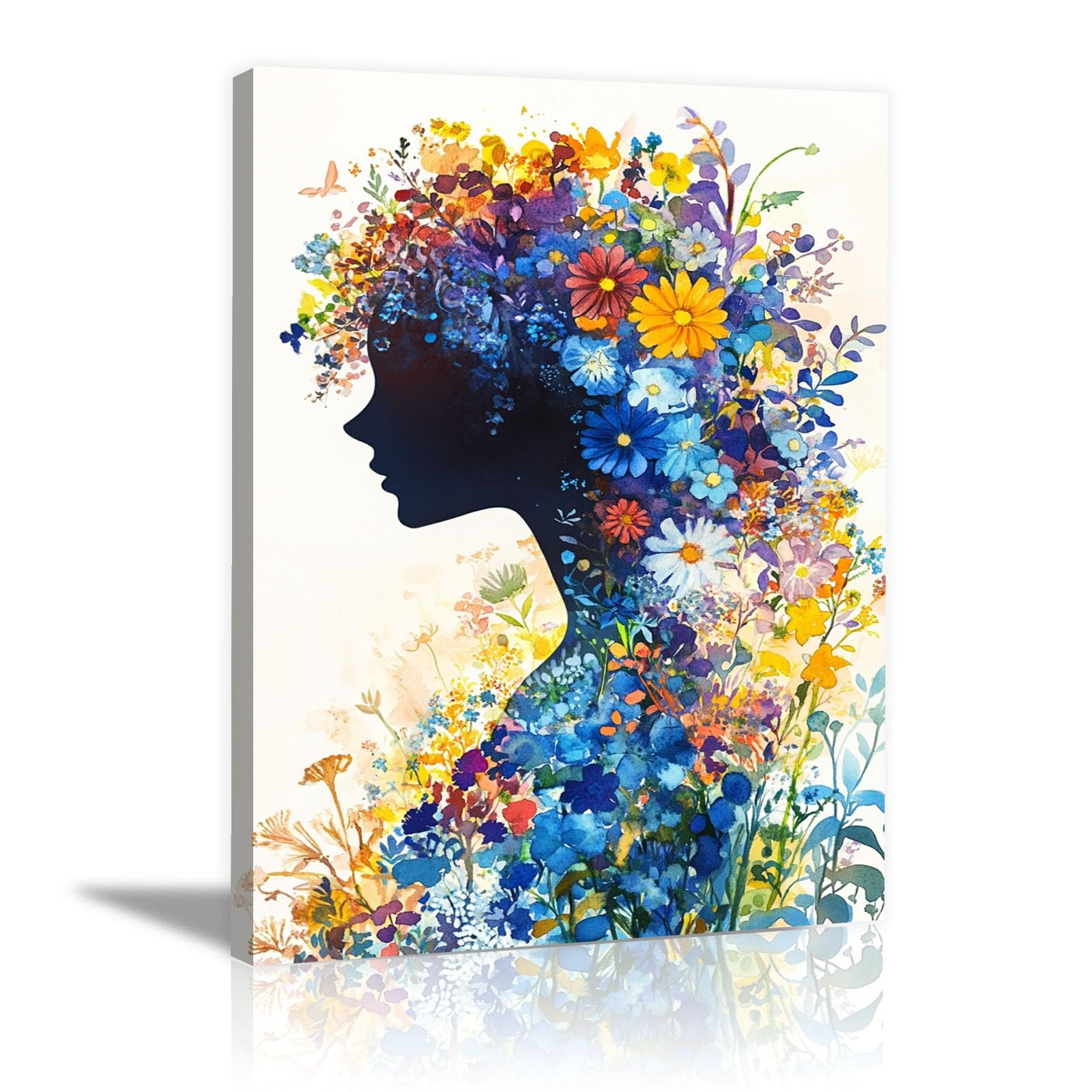 TERUEA Wall Art Print On Canvas Picture For Home Office Decor Floral Woman Silhouette Watercolor - Floral Woman Face - Living & Home Decor with Easy Hang Guide(Green)-70x100cm Framed