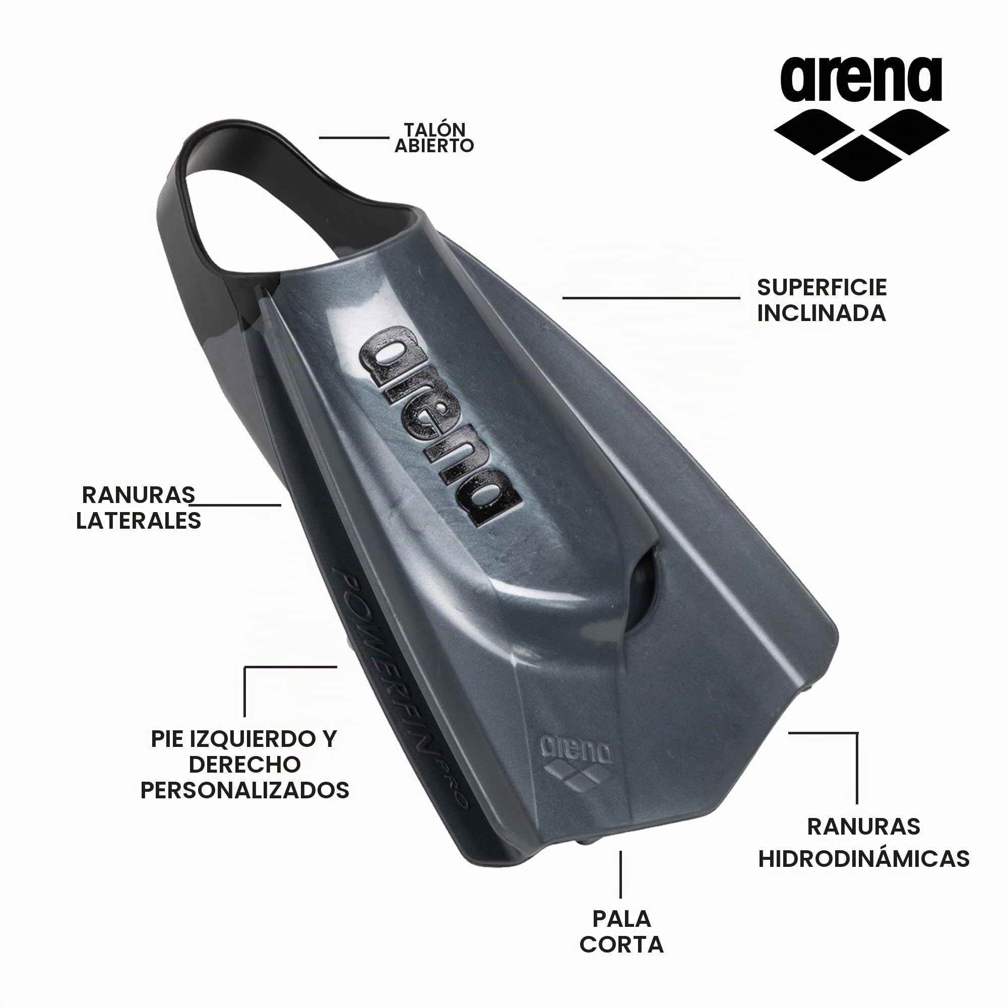 Arena Powerfin Pro II - Aletas de Entrenamiento de natación Unisex para Adultos y Hombres y Mujeres, Aletas de Hoja Corta de Silicona, Personalizables a la Izquierda/Derecha