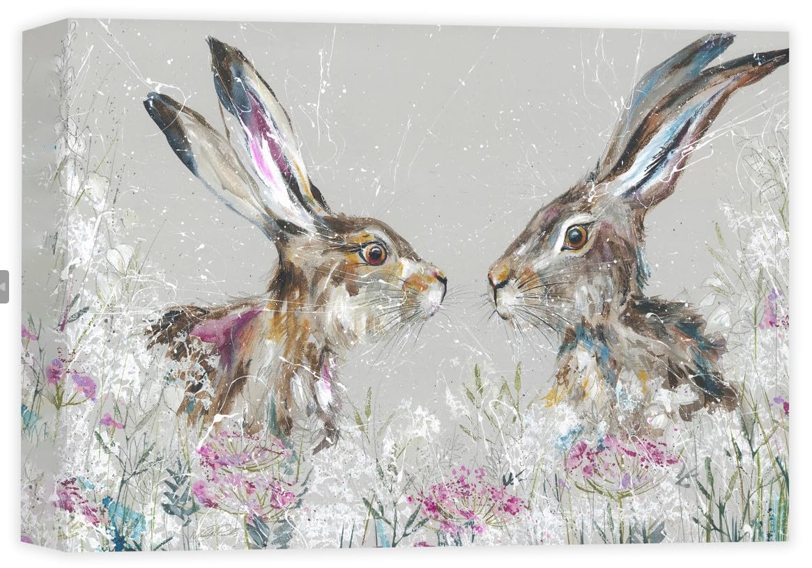 Artko Hares in a Floral Meadow Canvas Print, Penelope and Patrick Painting by Nicola Jane Rowles