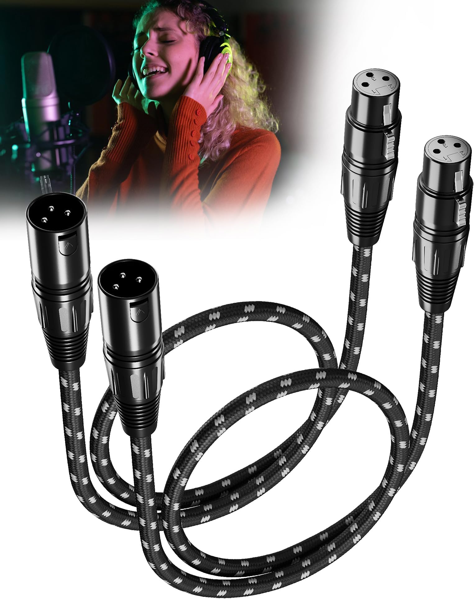 Short XLR Cables 2ft 2 Pack, XLR Microphone Cable Balanced Shielded Nylon Braided Cord with 3-Pin X LR Male to Female for Microphones Recording, Mixer, Amplifier，Speaker Systems
