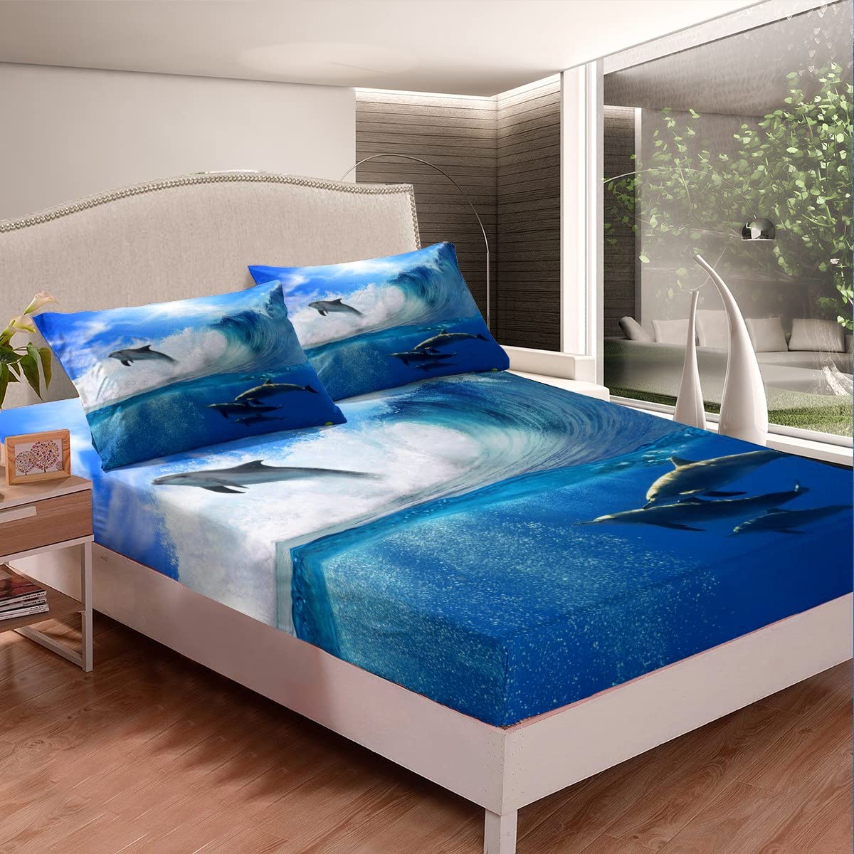 Set di lenzuola con delfini saltellanti Loussiesd per ragazzi e ragazze, set di biancheria da letto con simpatici animali marini, lenzuola con creature marine, misura King Size