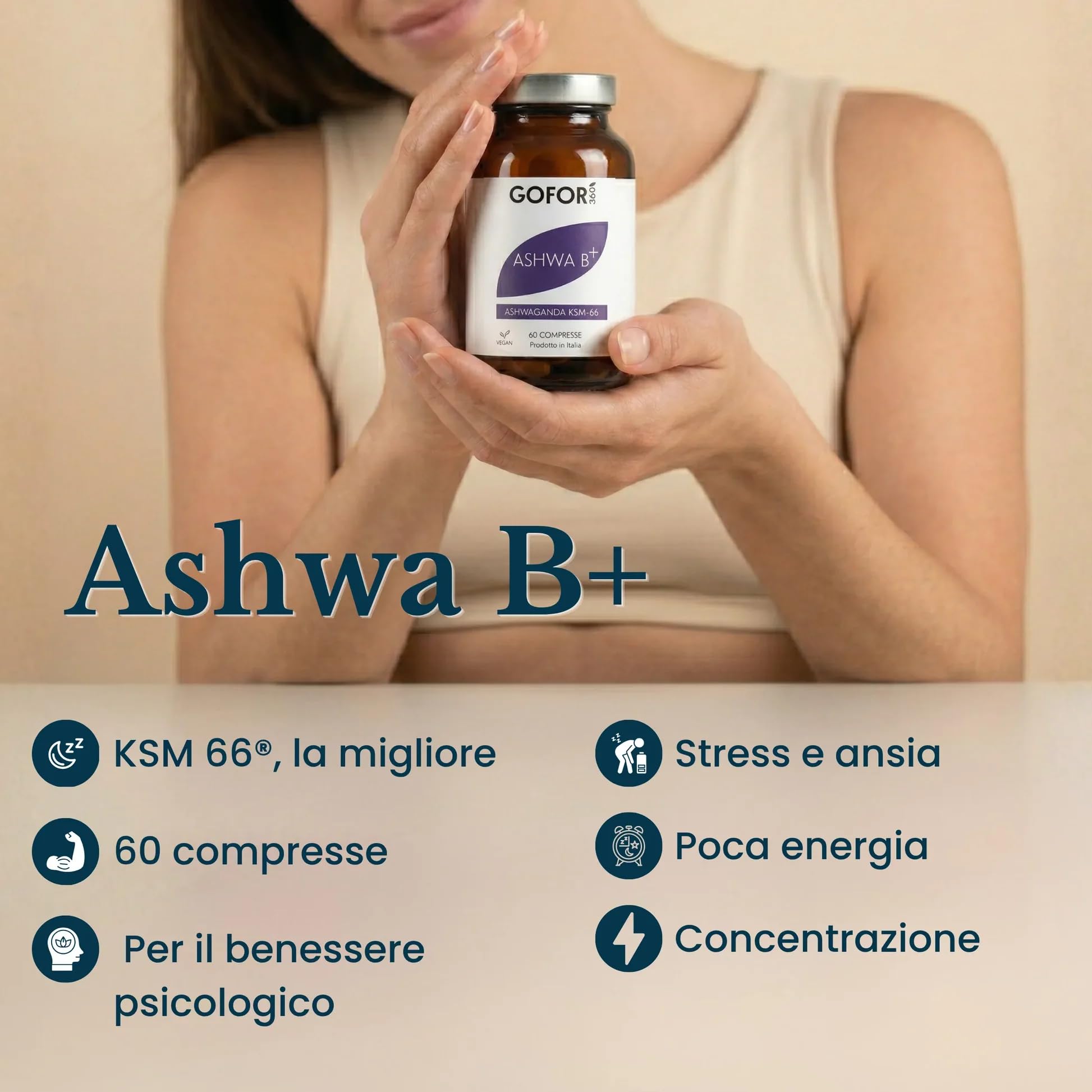 GOFOR360 Ashwa-B+ Ashwagandha KSM-66 Brevettata + 5 Vitamine del Gruppo B Alto Dosaggio | Integratore Stress, Energia e Lucidità Mentale | 60 Compresse 2 Mesi | Made in Italy